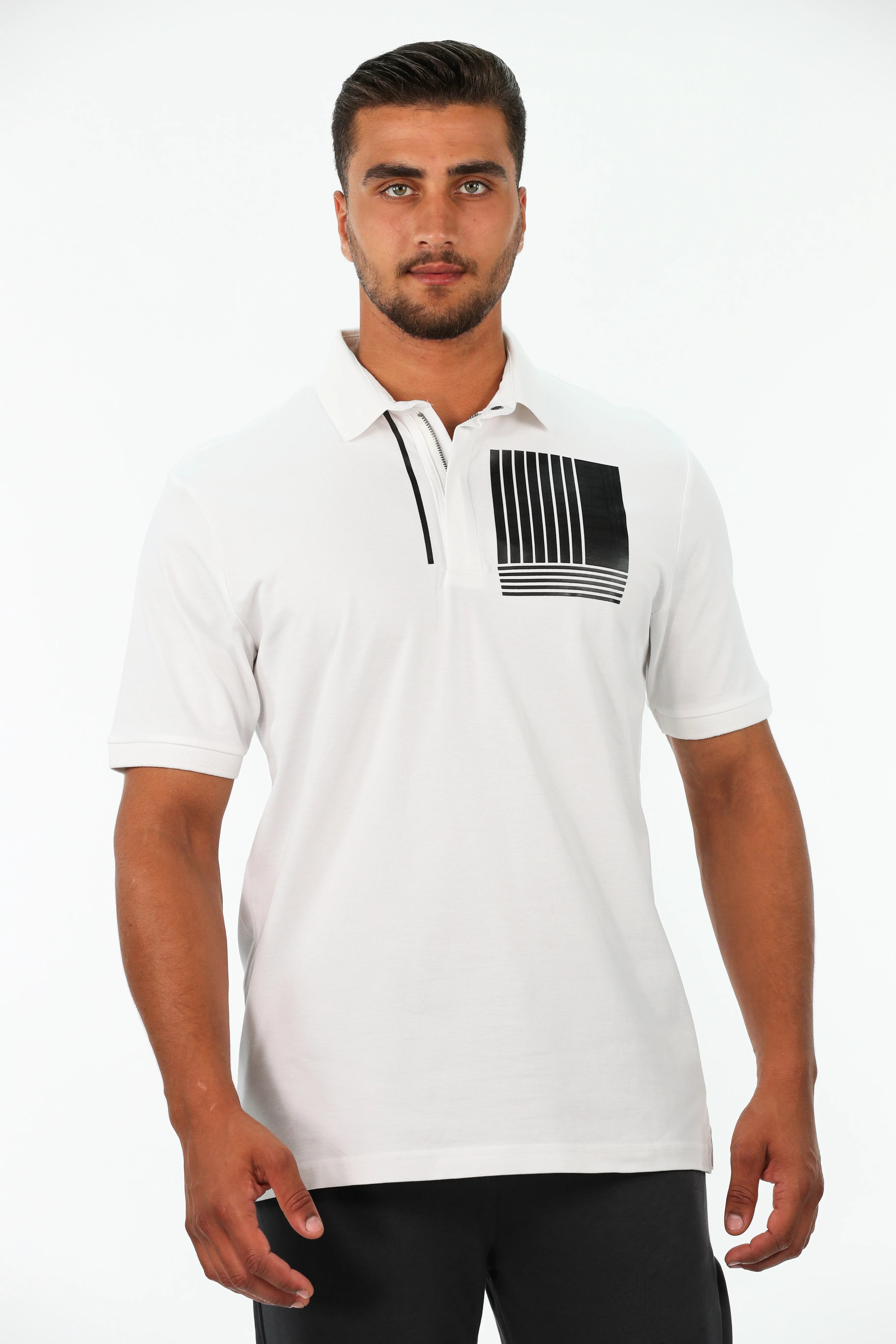 Short Sleeved White Polo With Half Zipper To Close