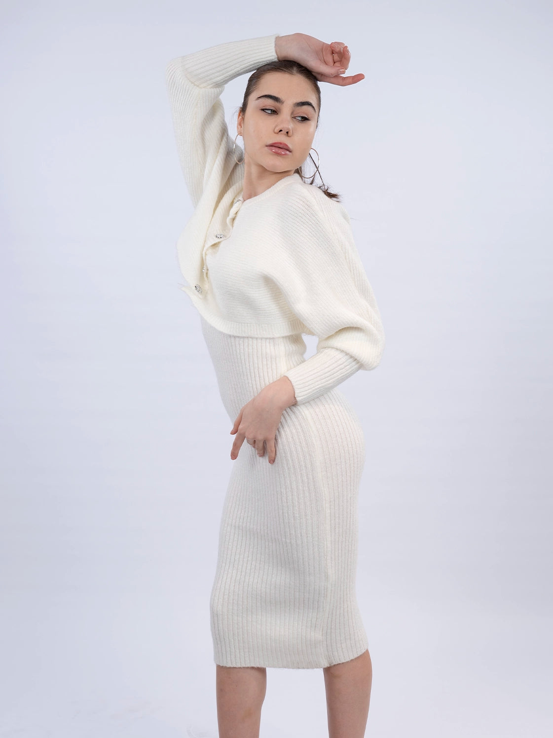 White Dress With Cardigan Knit Wear Set