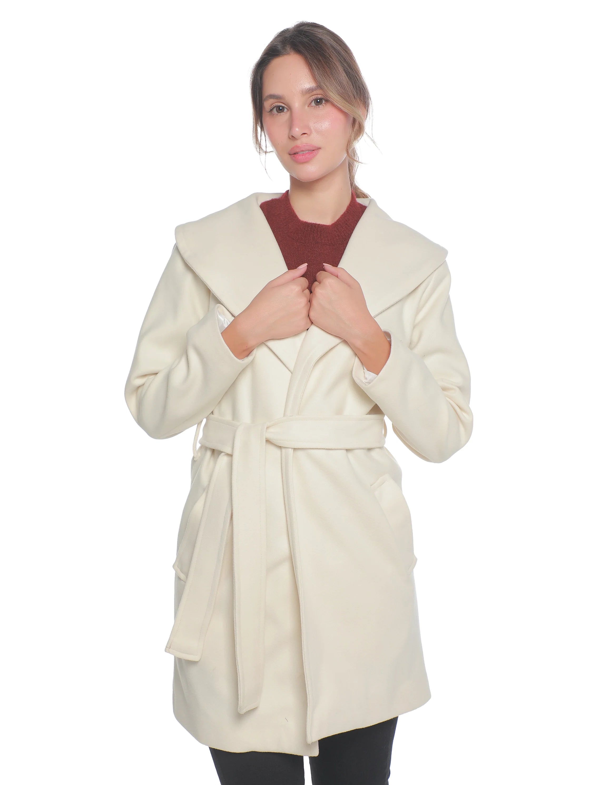 Offwhite Warm Belted Coat With Open Collar