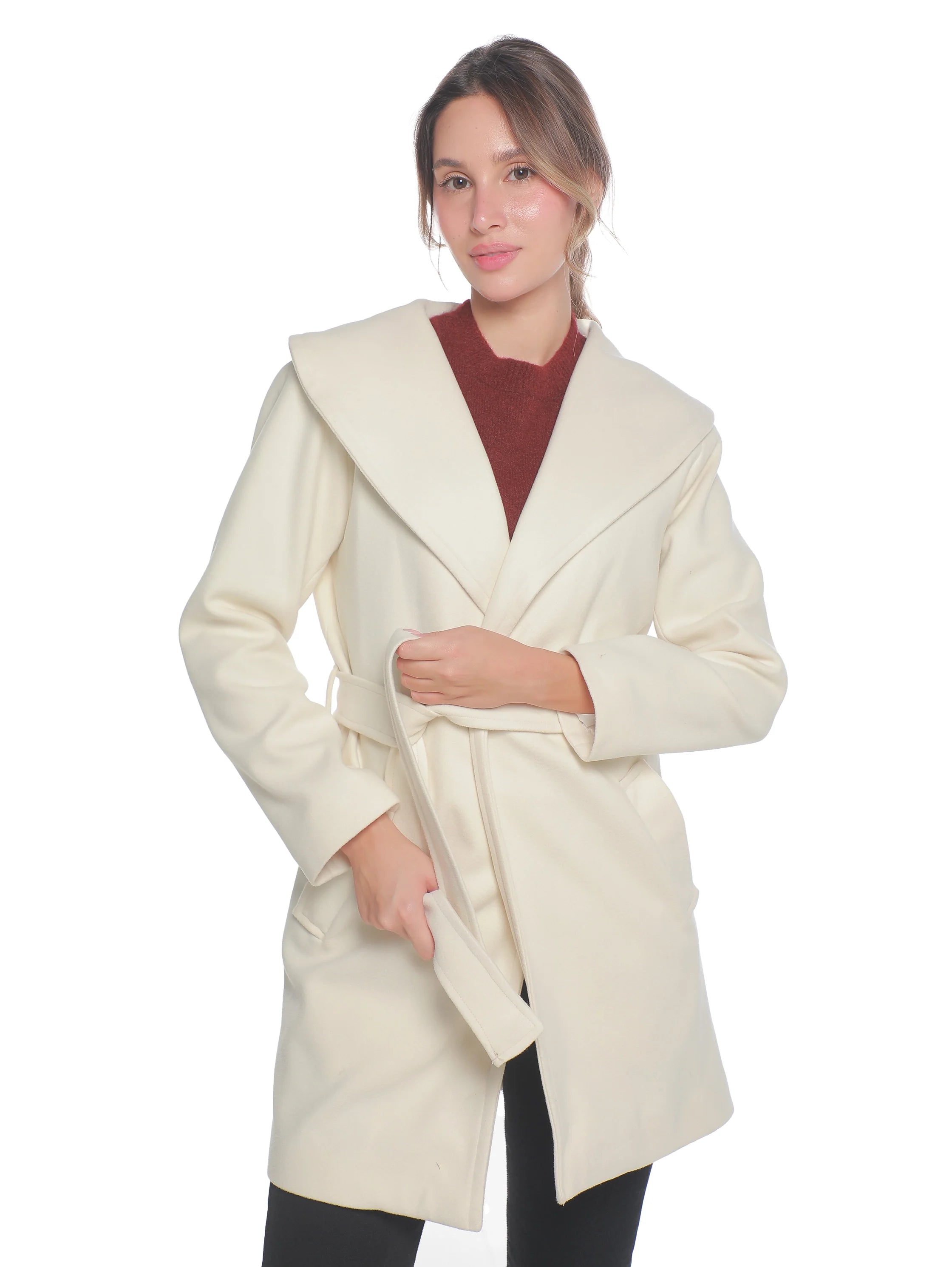 Offwhite Warm Belted Coat With Open Collar