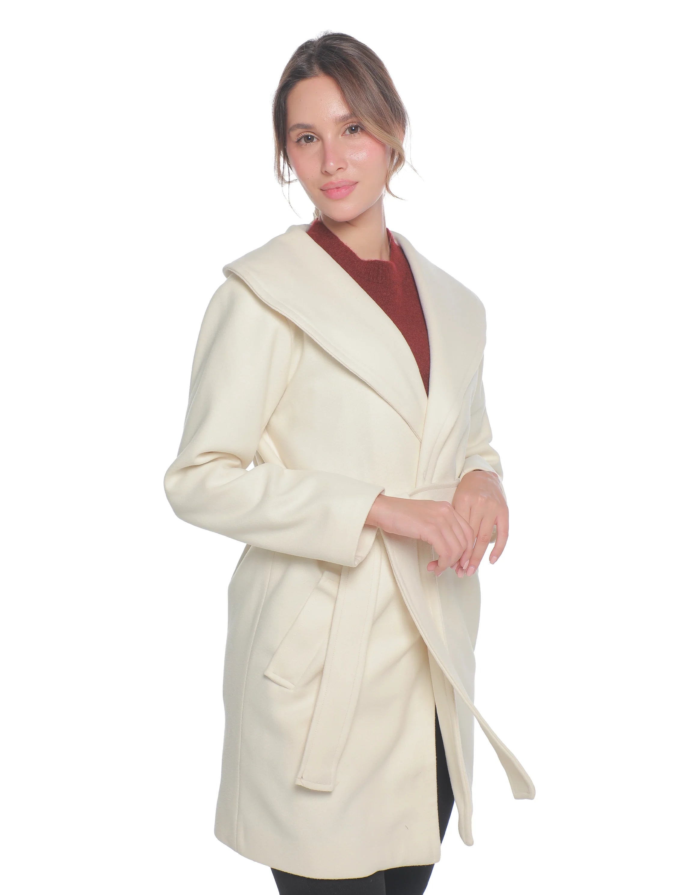 Offwhite Warm Belted Coat With Open Collar