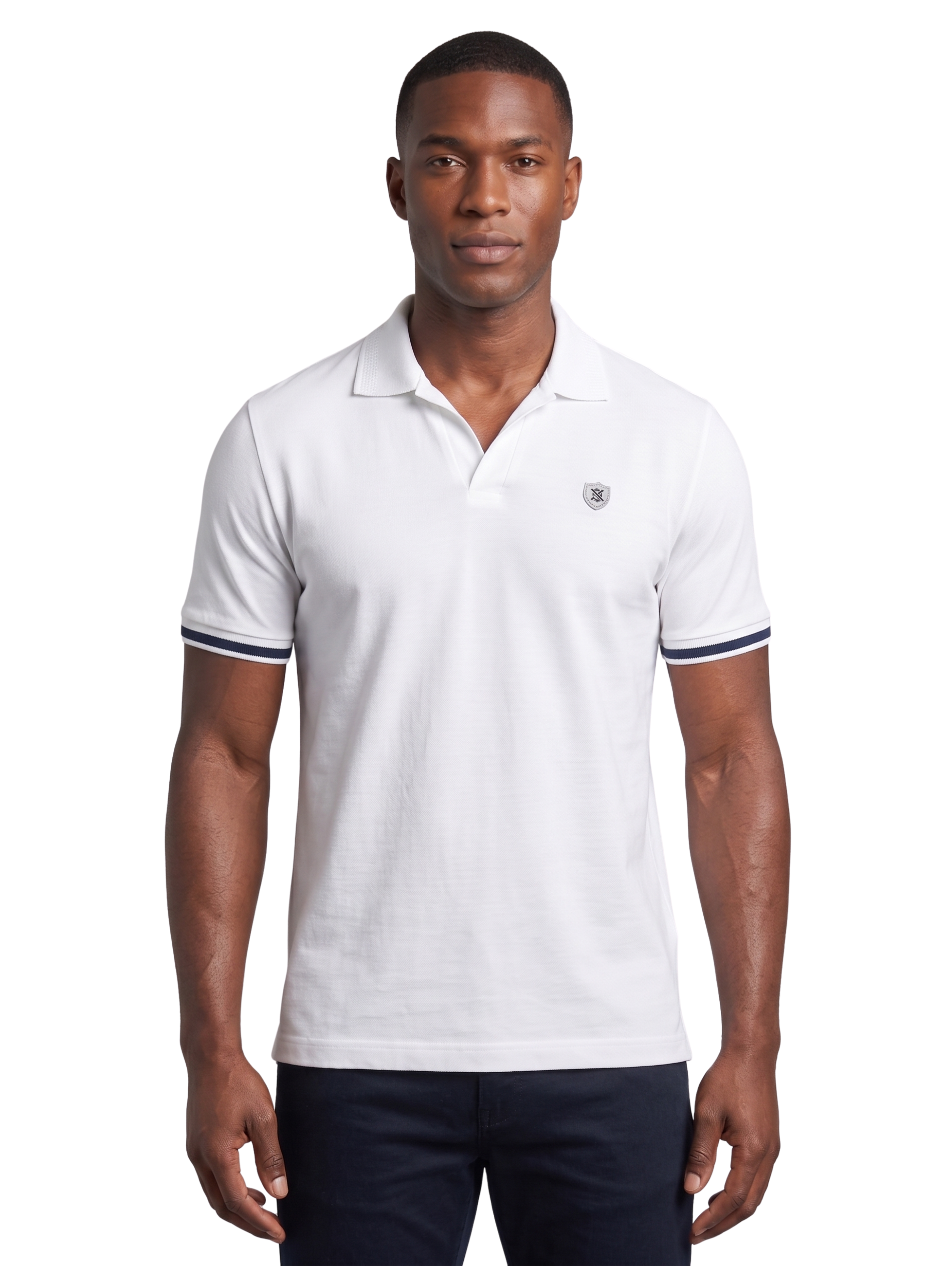 Xint White Short Sleeved Polo With White Striped Trim