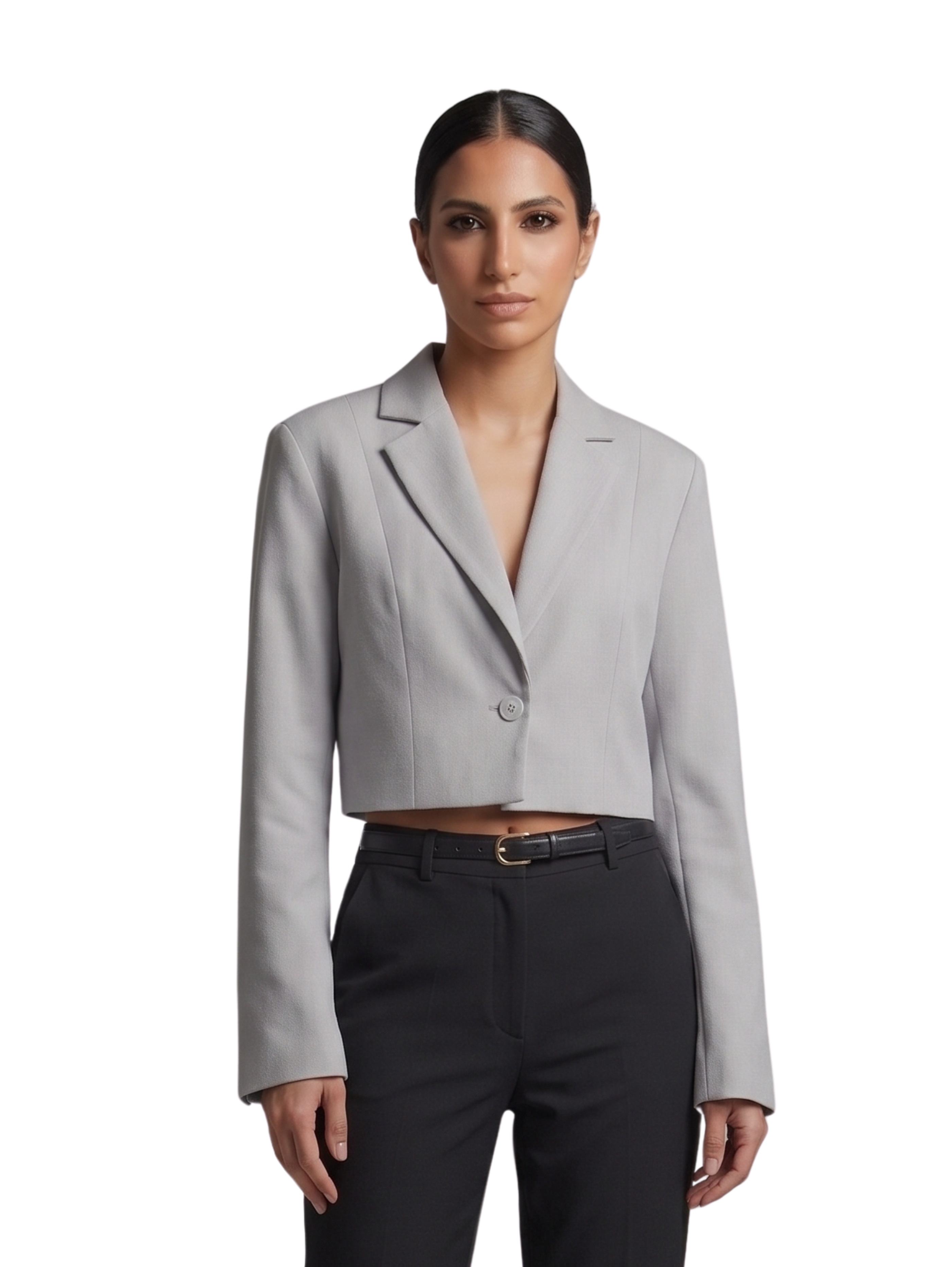 Grey Cropped Blazer With Singel Button Closure & Notched Lapel Collar