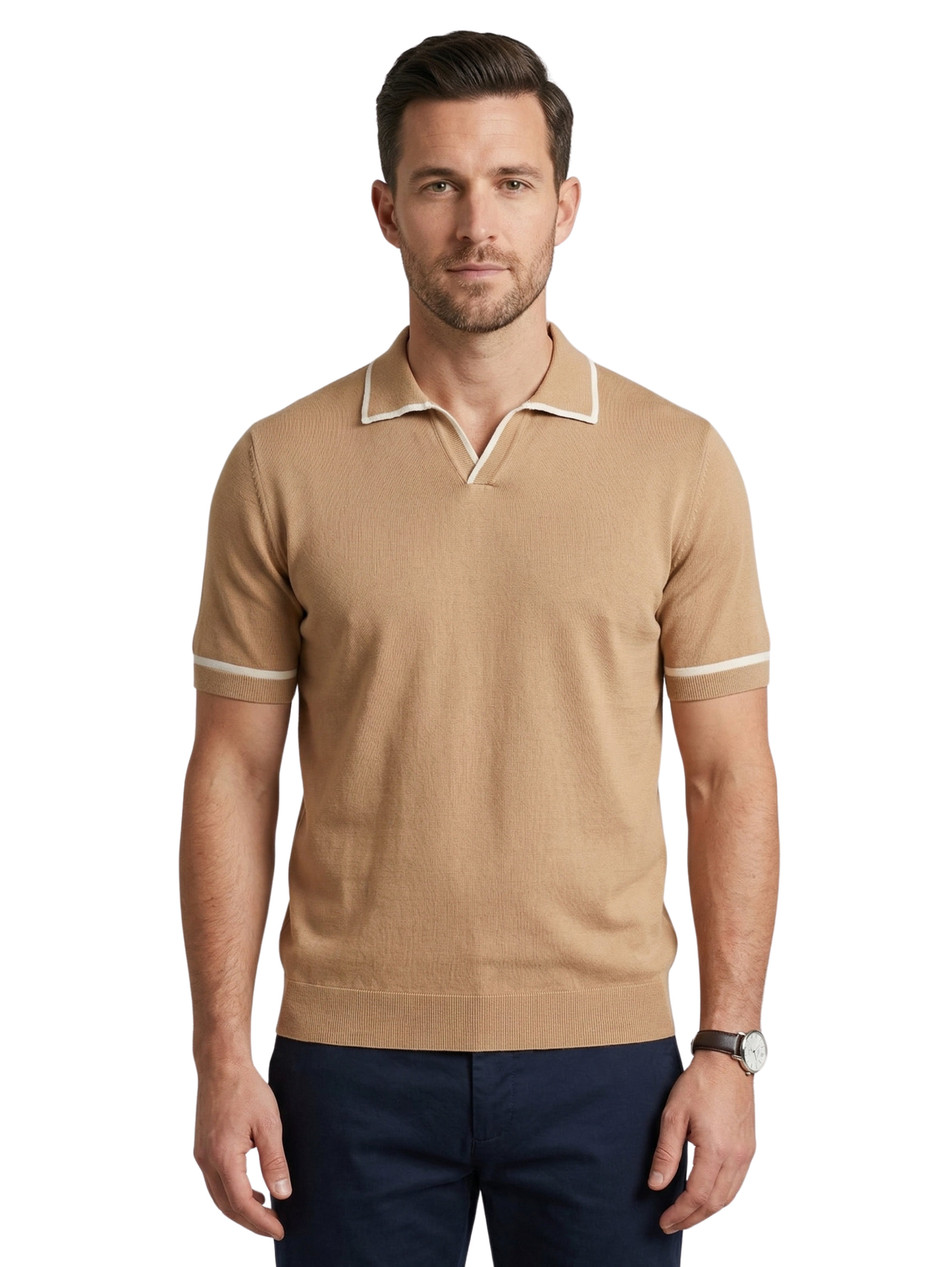 Beige Cotton Short Sleeve With Collar
