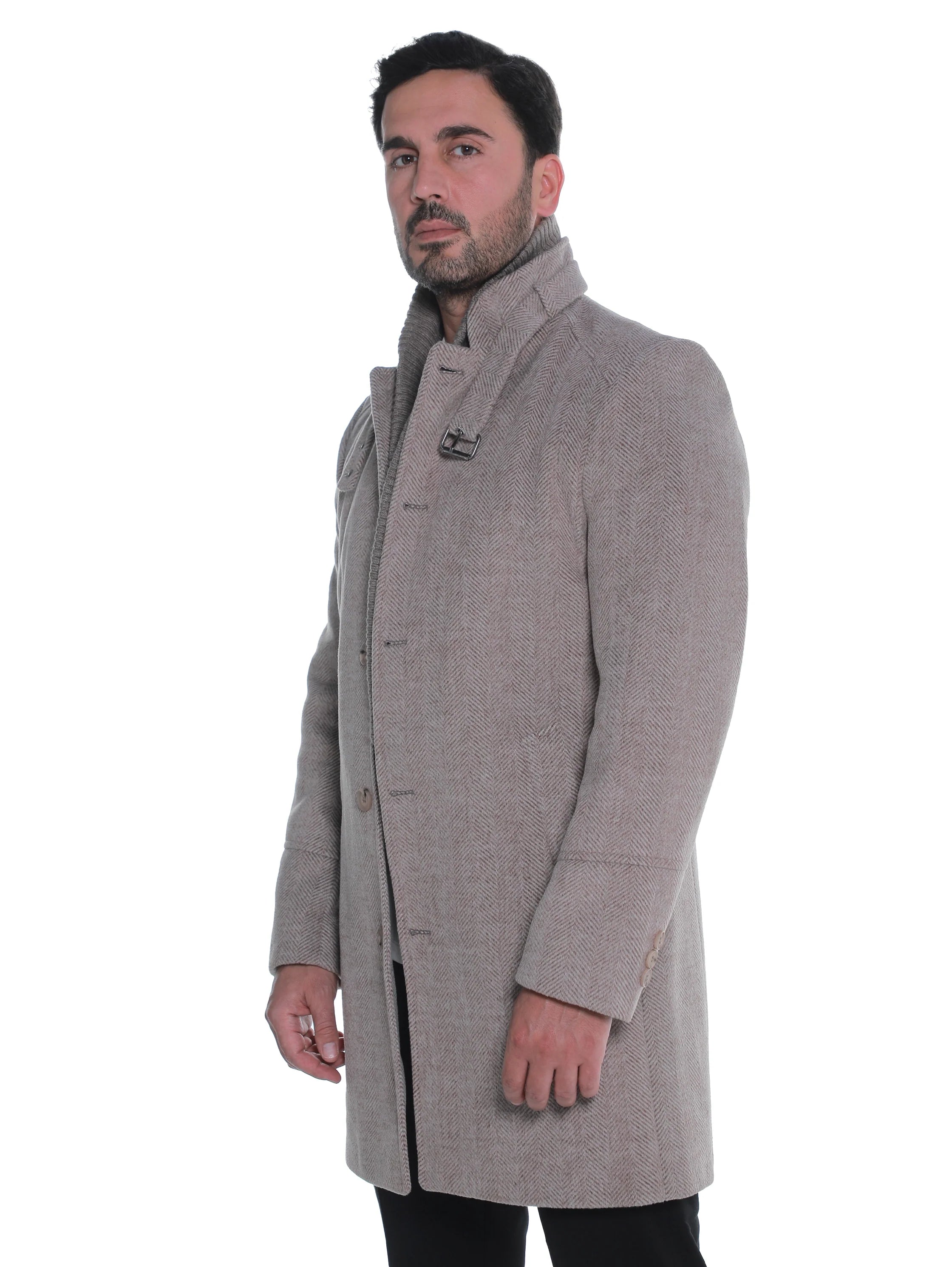 Dark Beige Buttoned Coat With Side Slanted Pockets