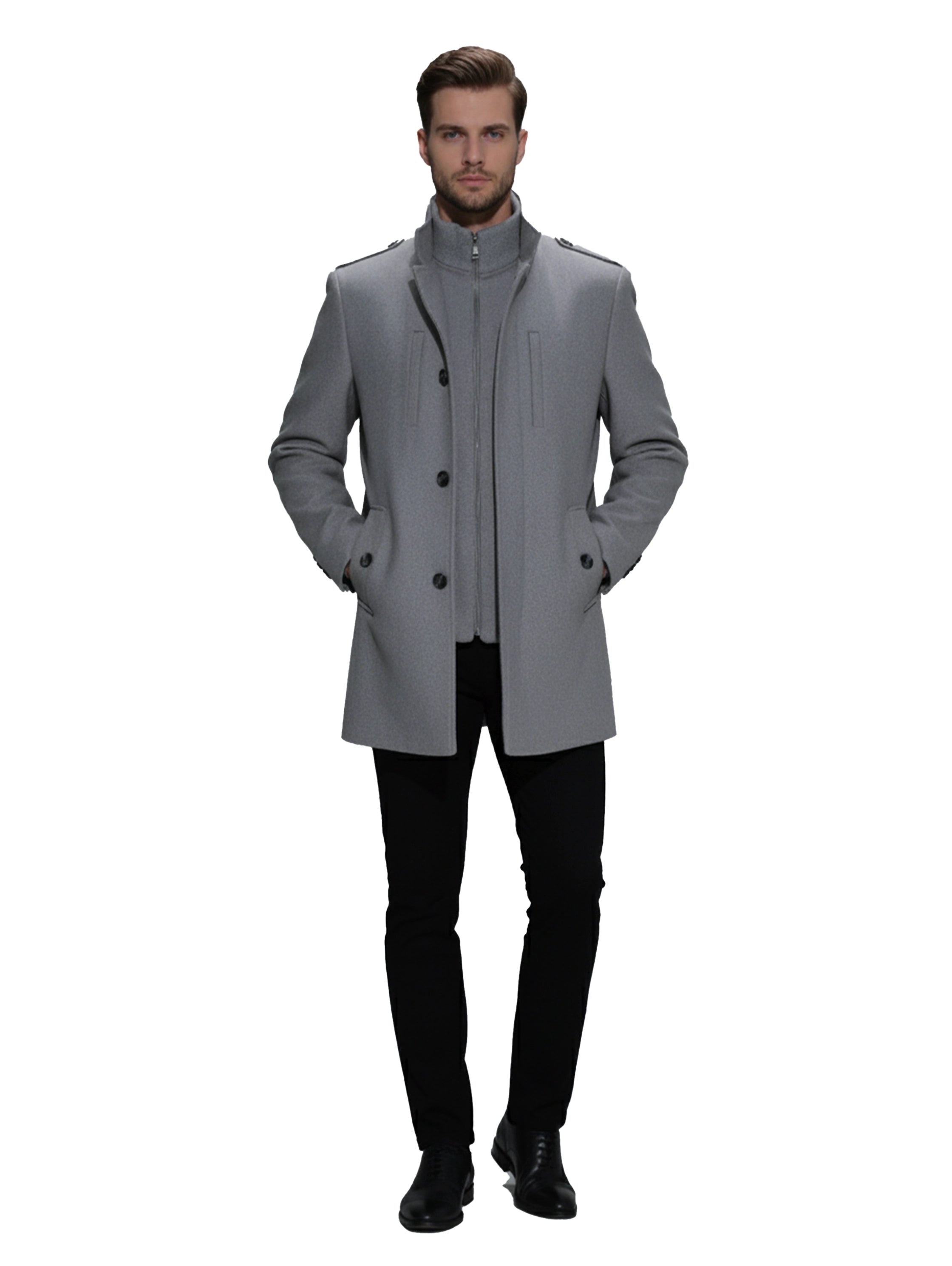 Stylish Grey Coat With Stand Up Collar