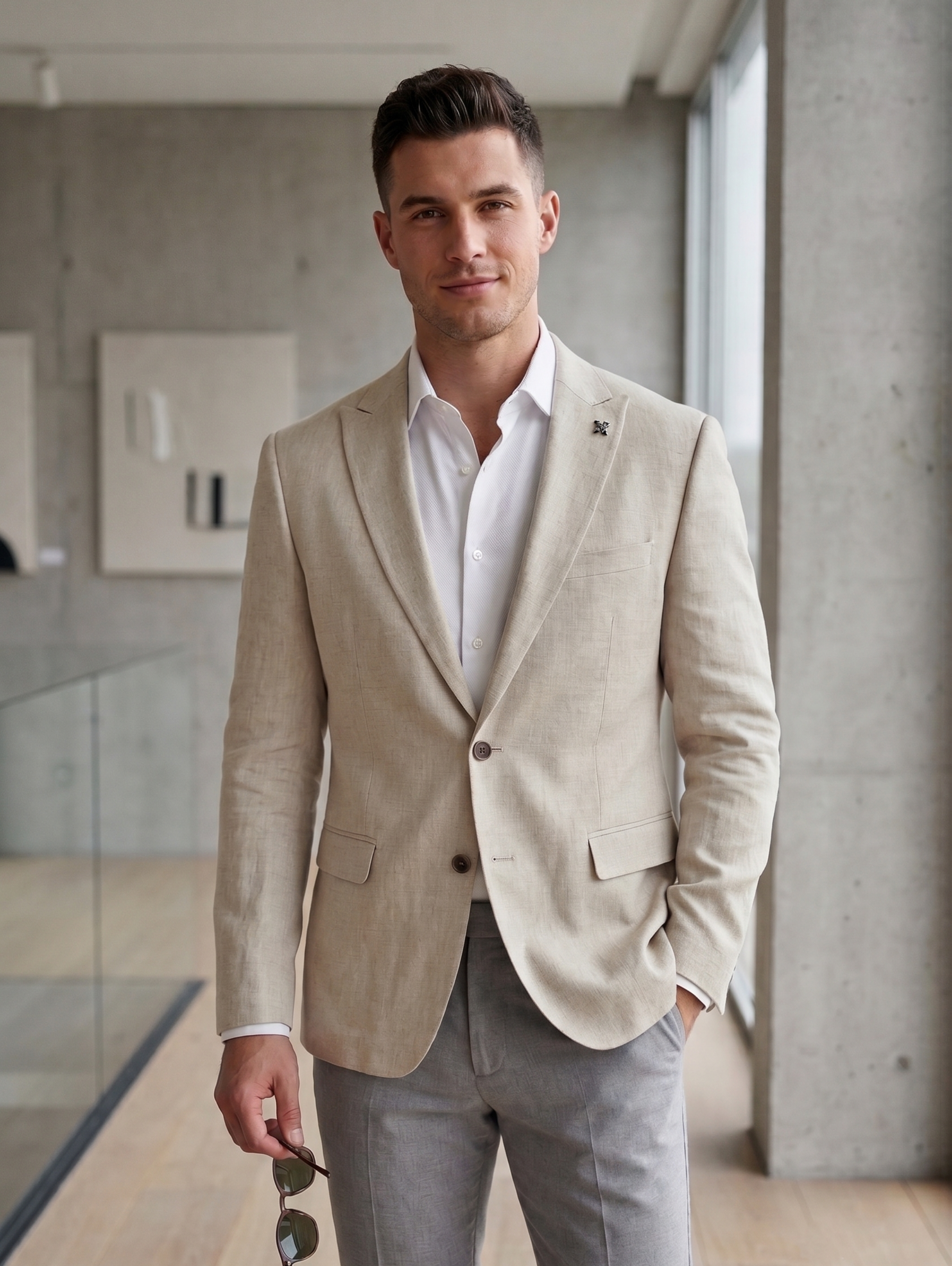 Two Button Light Beige Tailored Linen Blazer