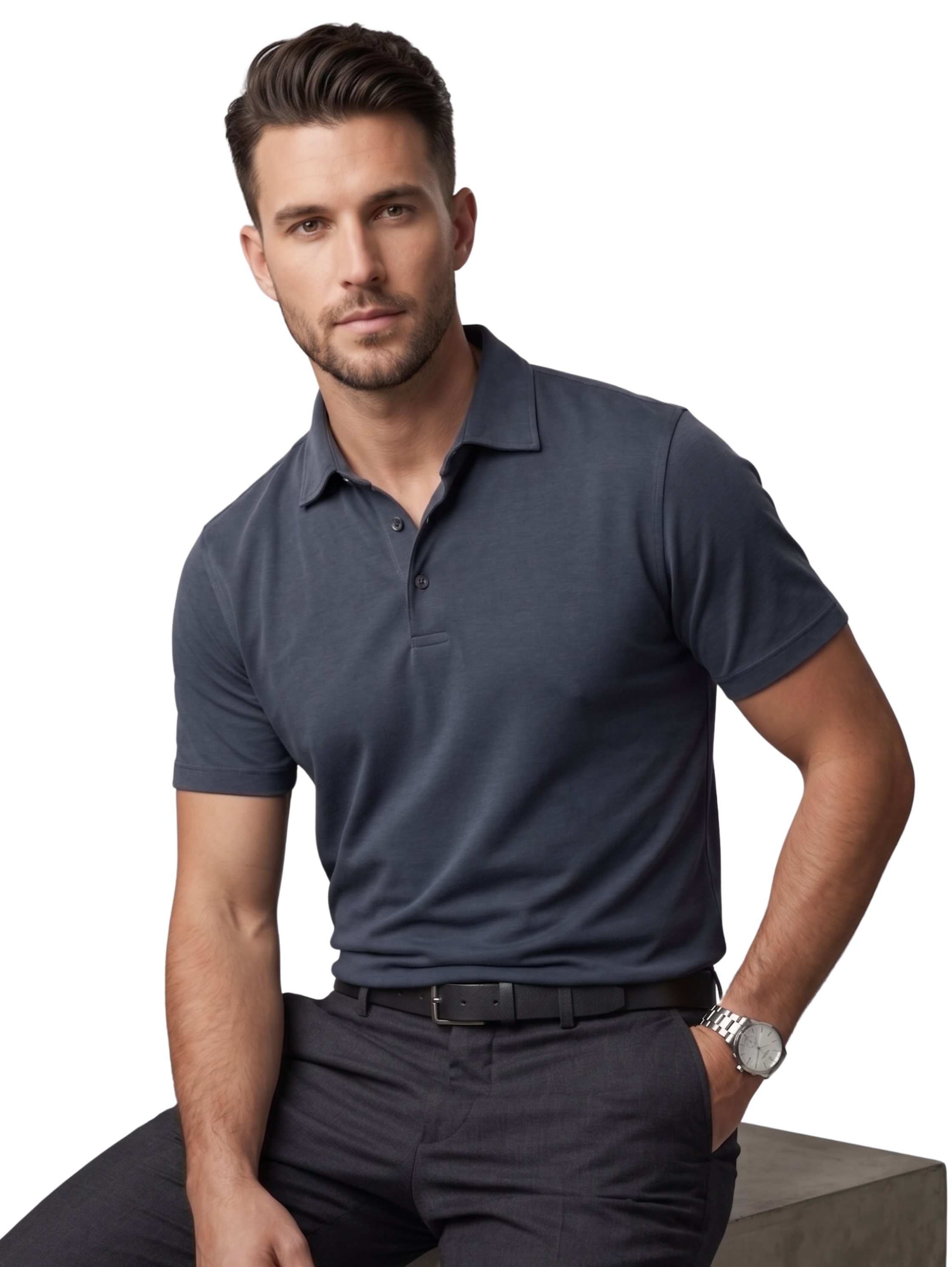 Navy Short Sleeved Polo Shirt With Classic Spread Collar