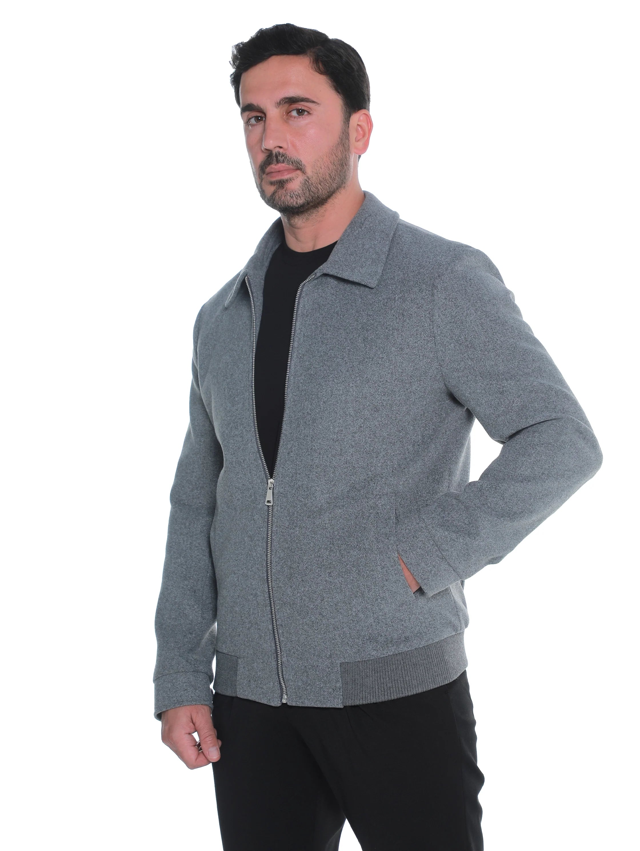 Dark Grey Zippered Jacket With Collar