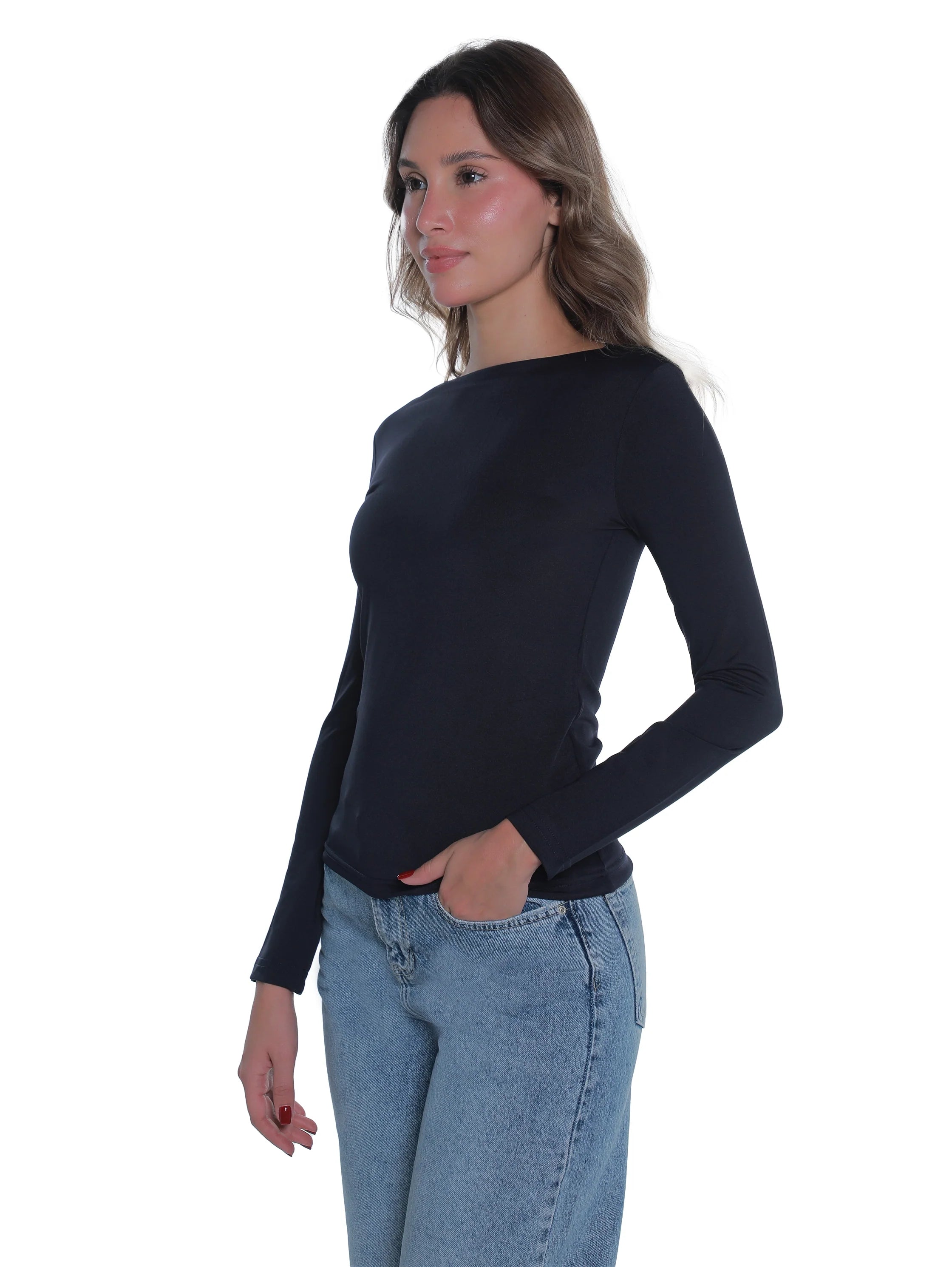 Long Sleeved Navy Basic Top Round Neck