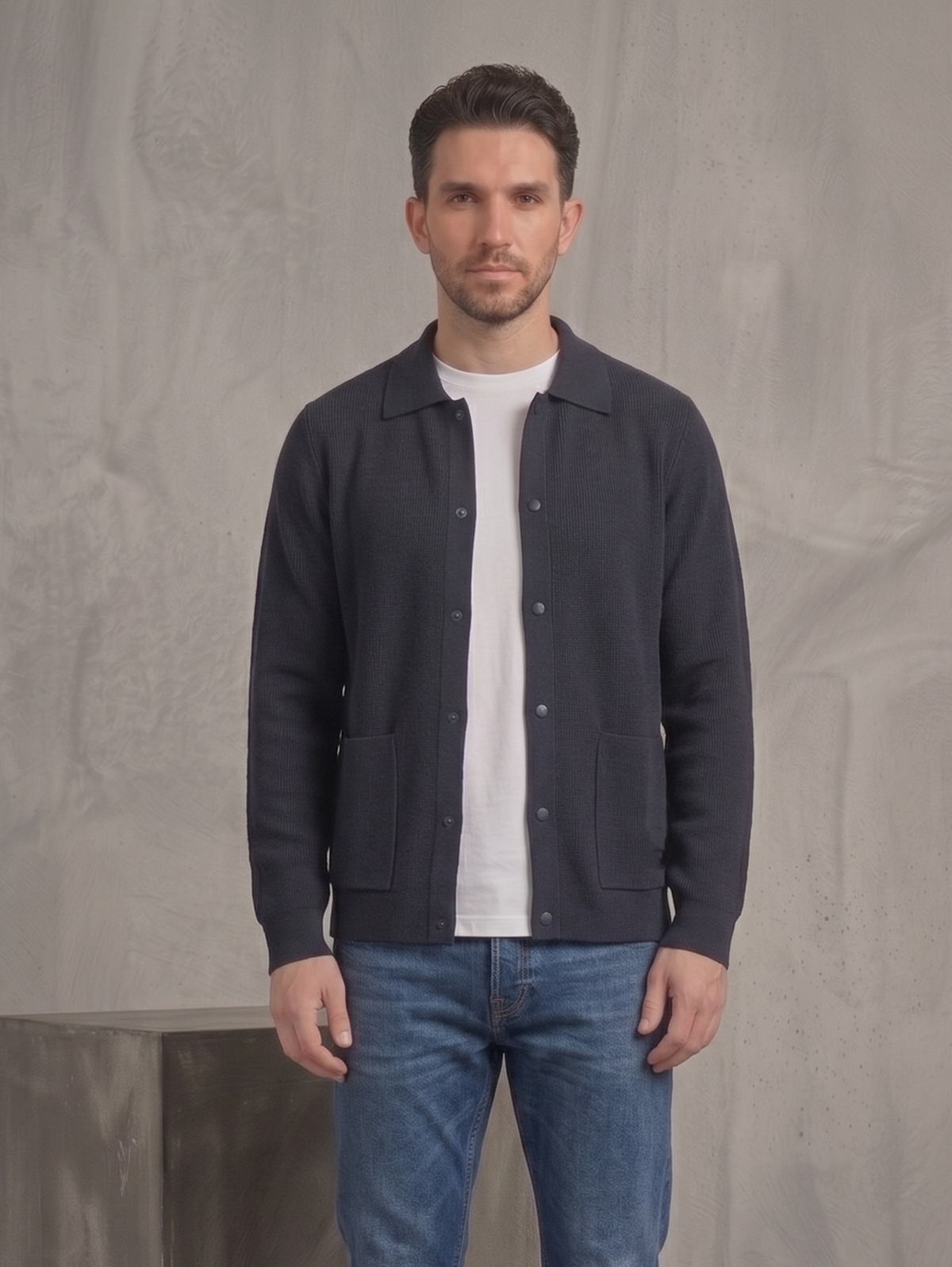 Navy Polo Cardigan with Two Patch Pockets