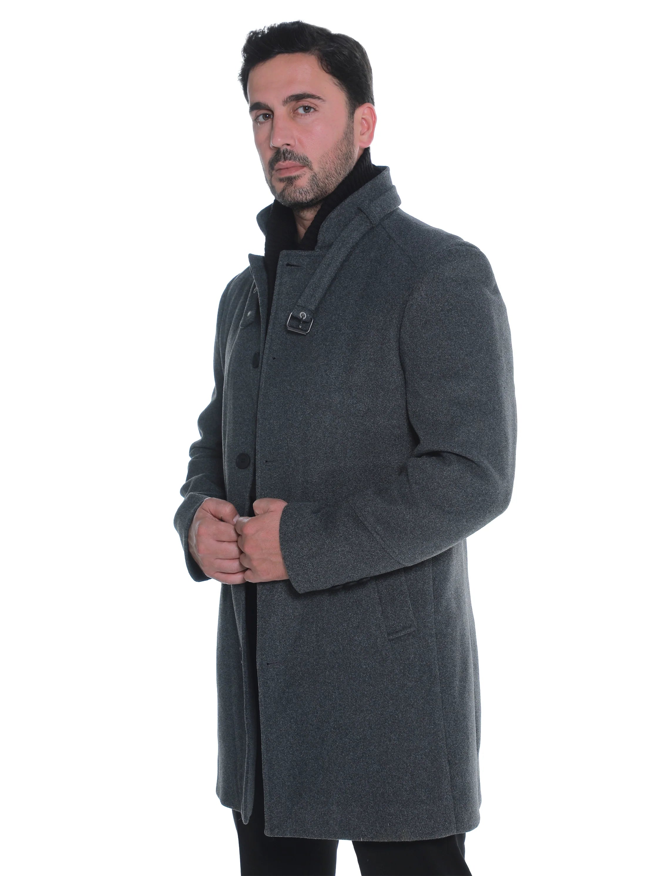 Dark Grey Buttoned Coat With Stand Up Collar