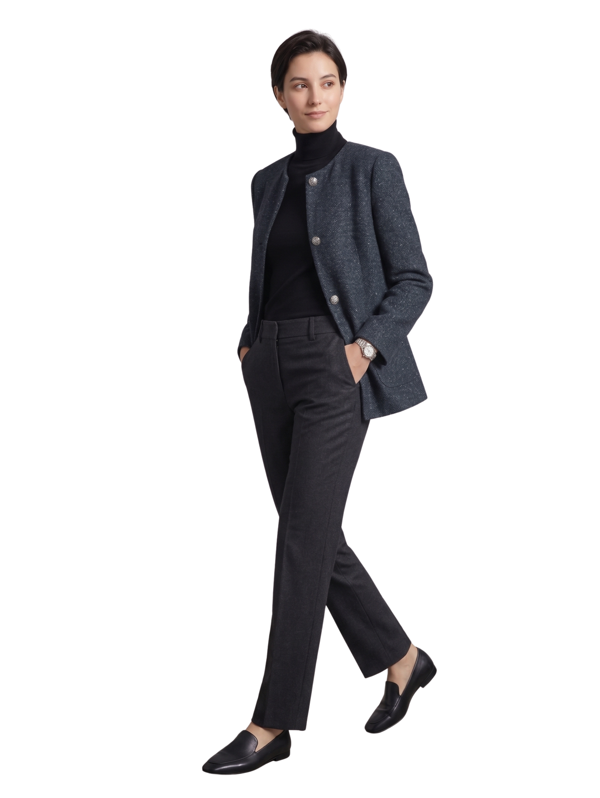 Dark Grey Elegant Long-Sleeved Blazer with Mandarin Collar