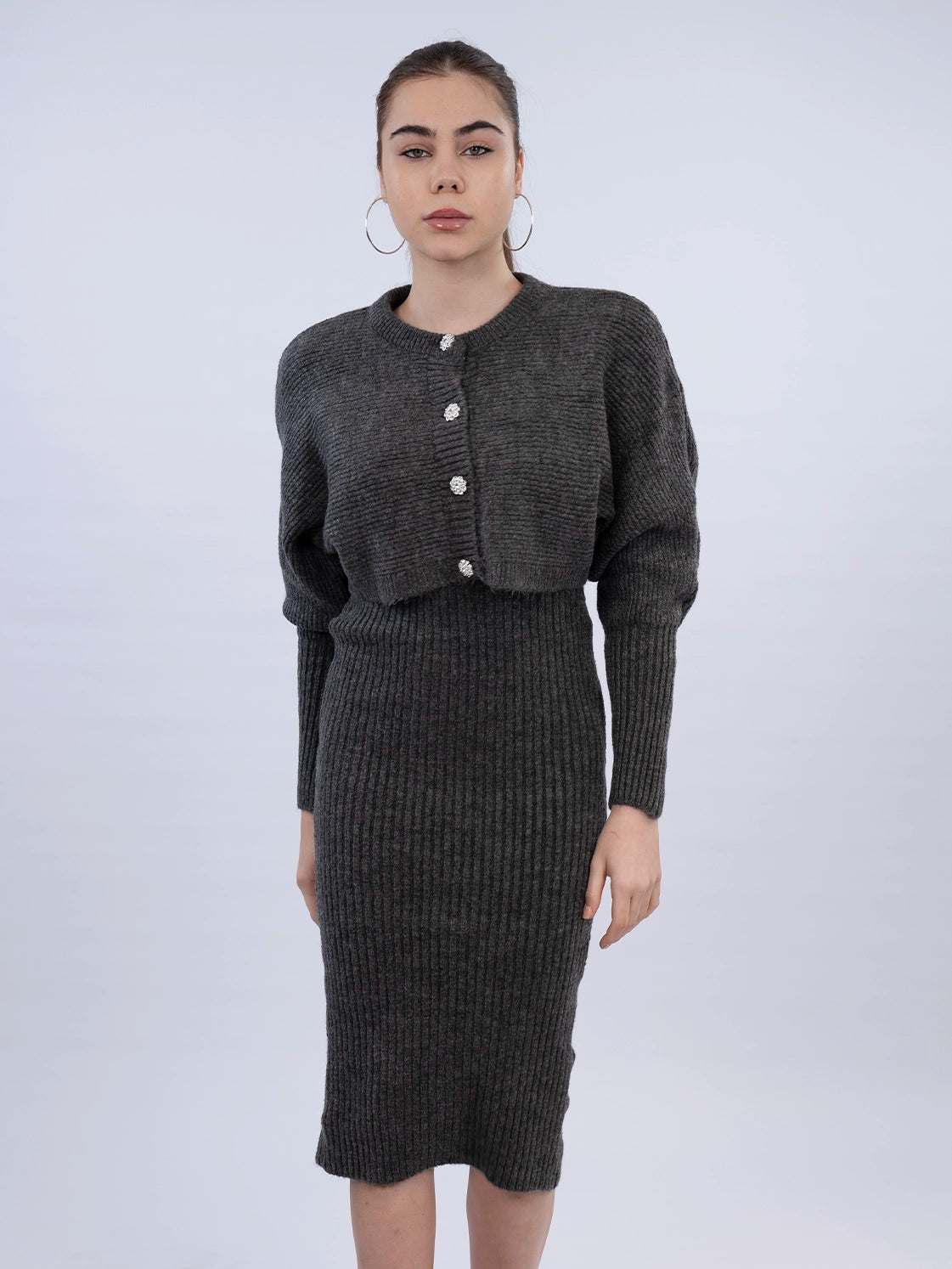 Antrasit Dress With Cardigan Knit Wear Set