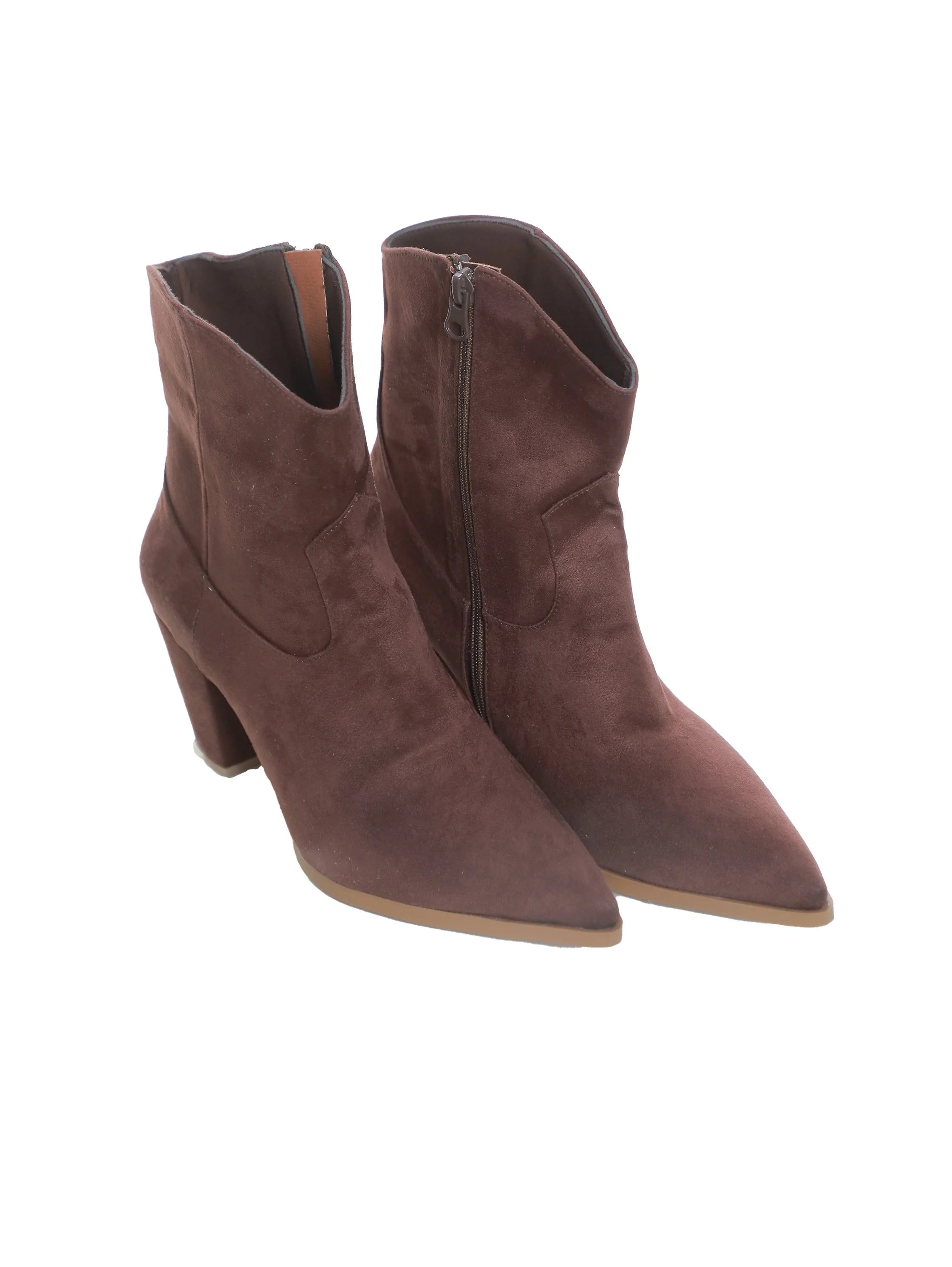 Brown Velvet Ankle Boot with A Mid High Block Heel