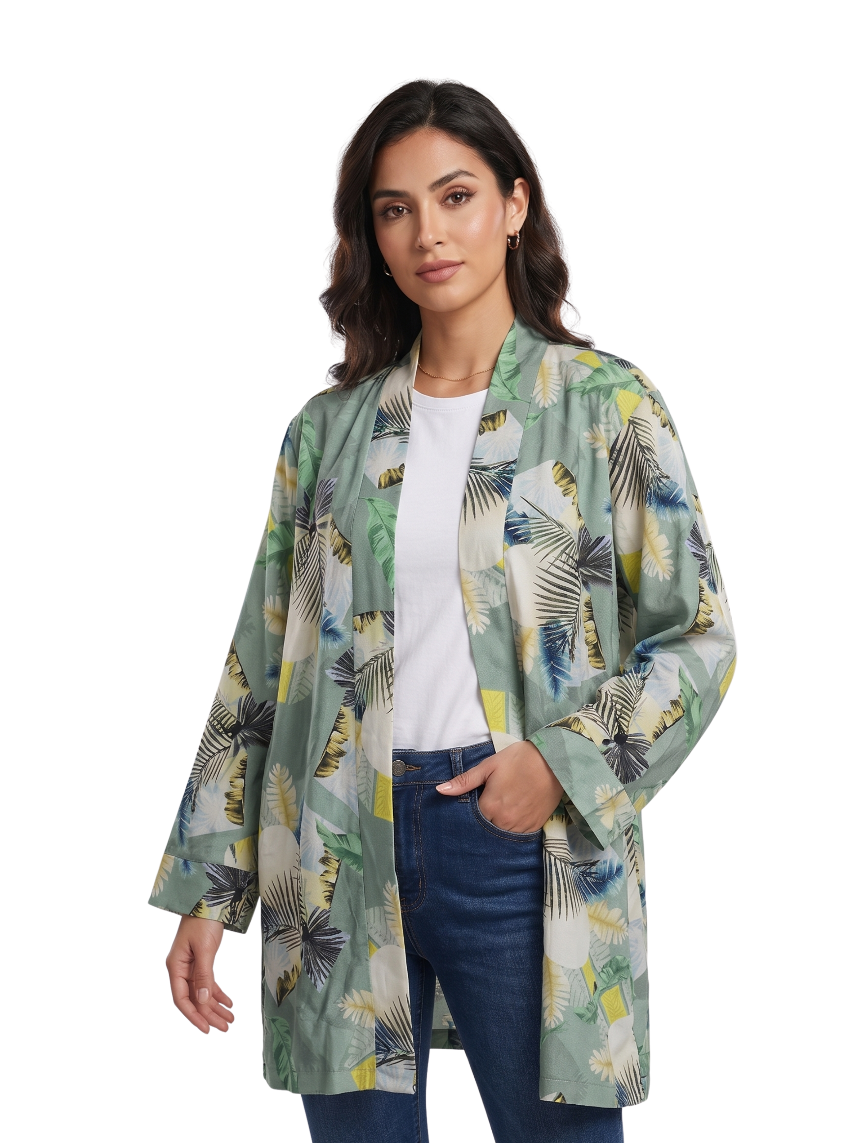 Mint Tropical Palm Open Front Cardigan