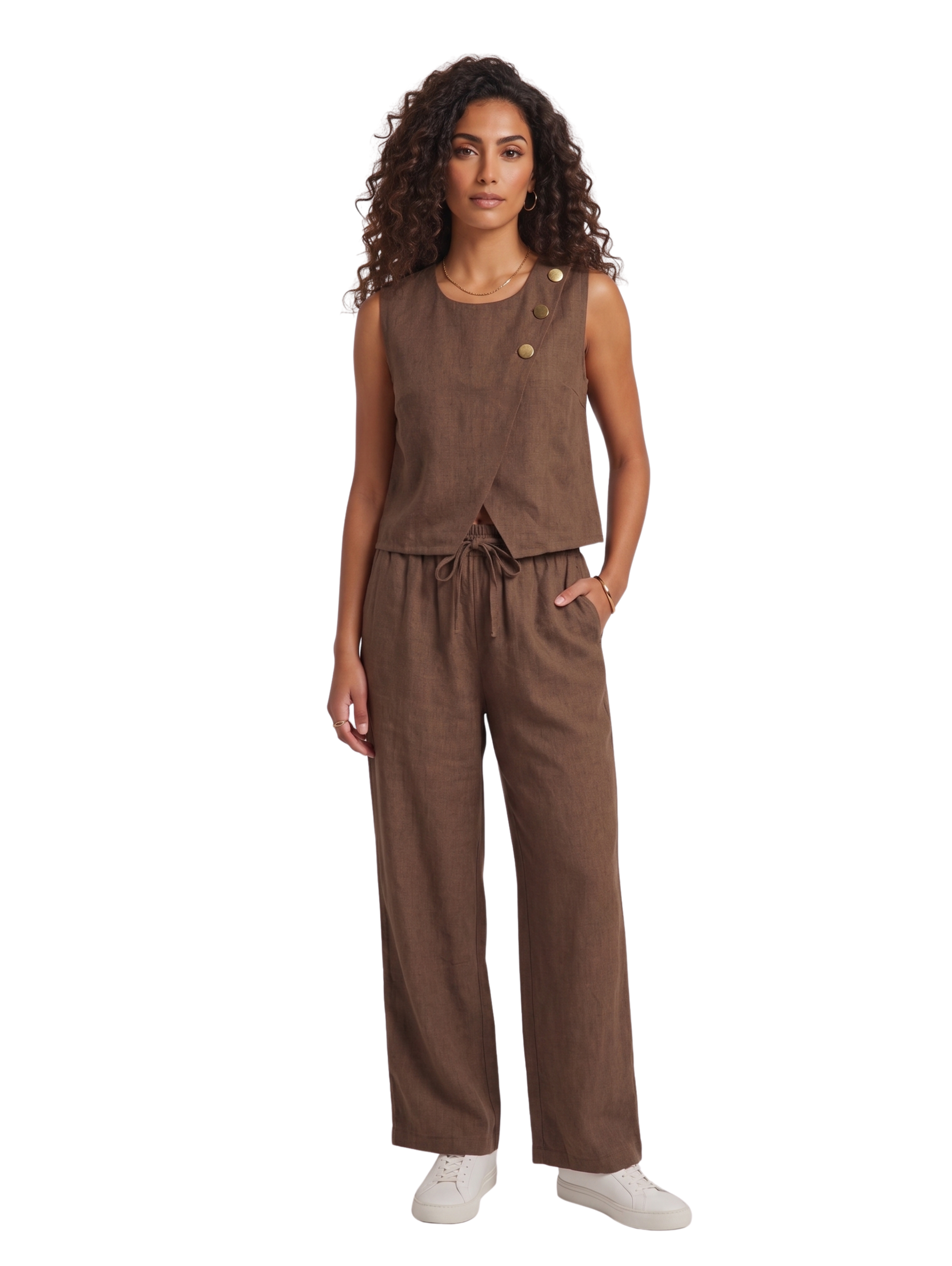 Brown Sleeveless Linen Pants Set