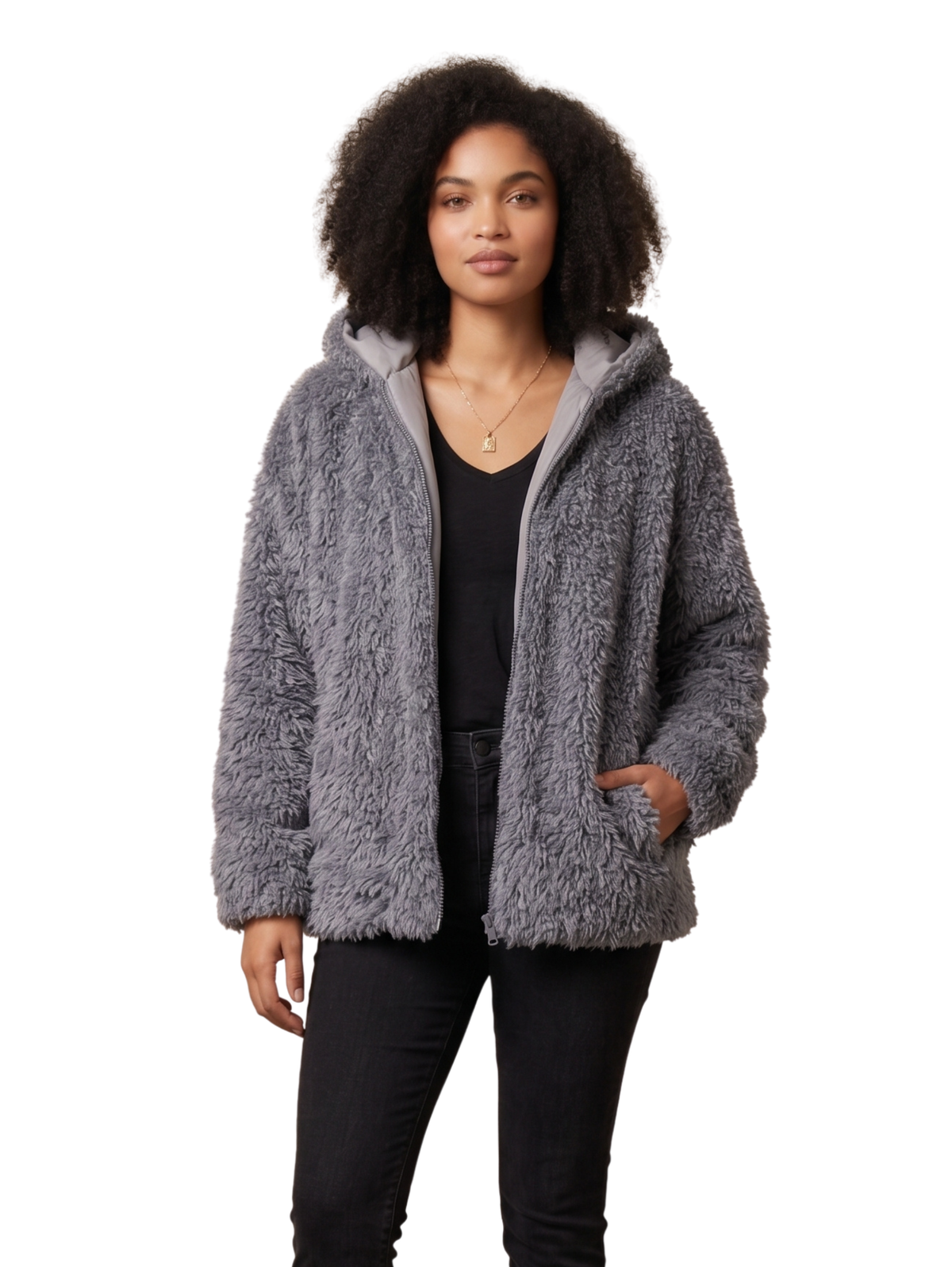 Grey Shaggy Fur Hooded Zip Up Jacket
