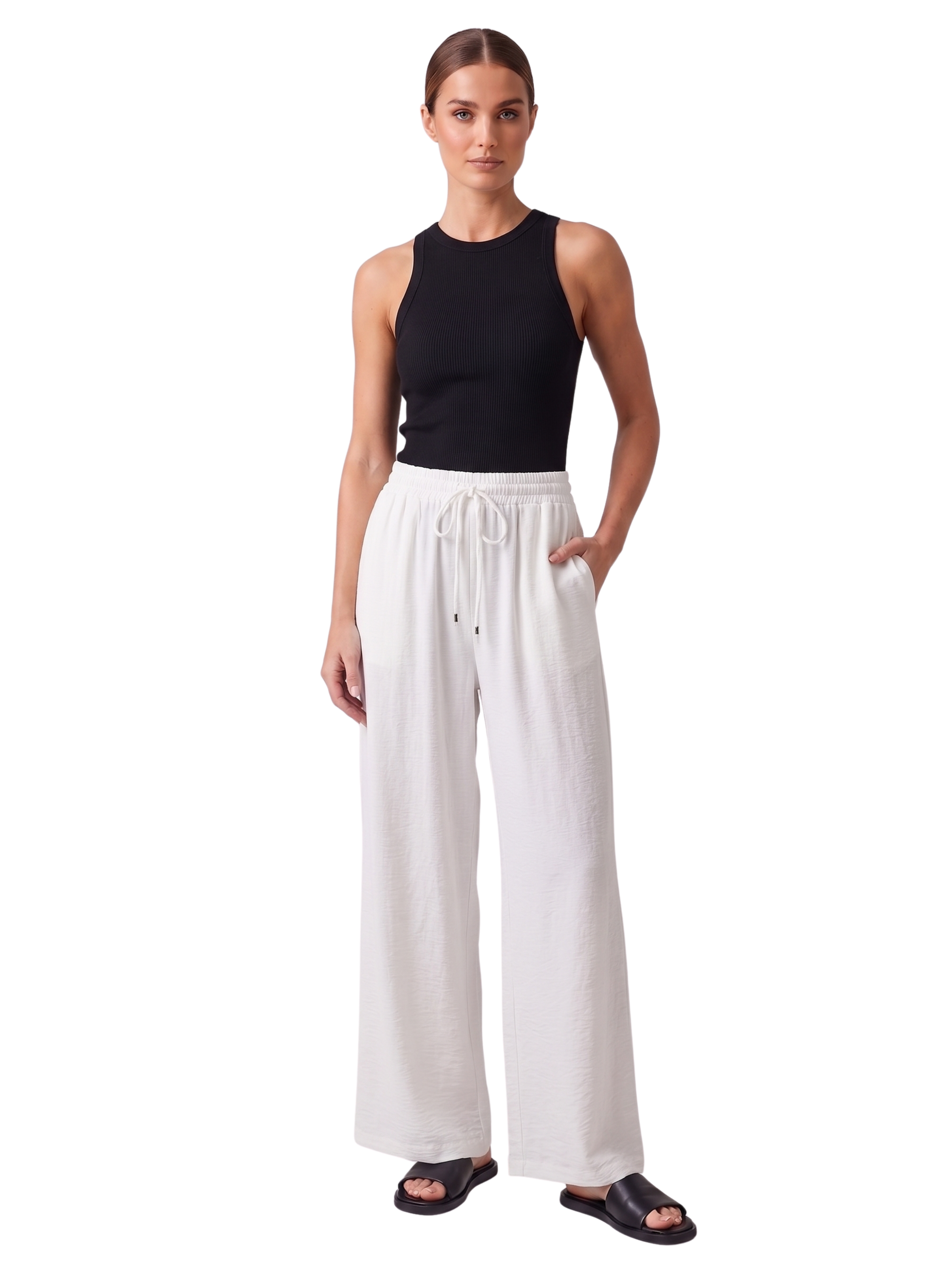 White Wide Leg Drawstring Linen Pants