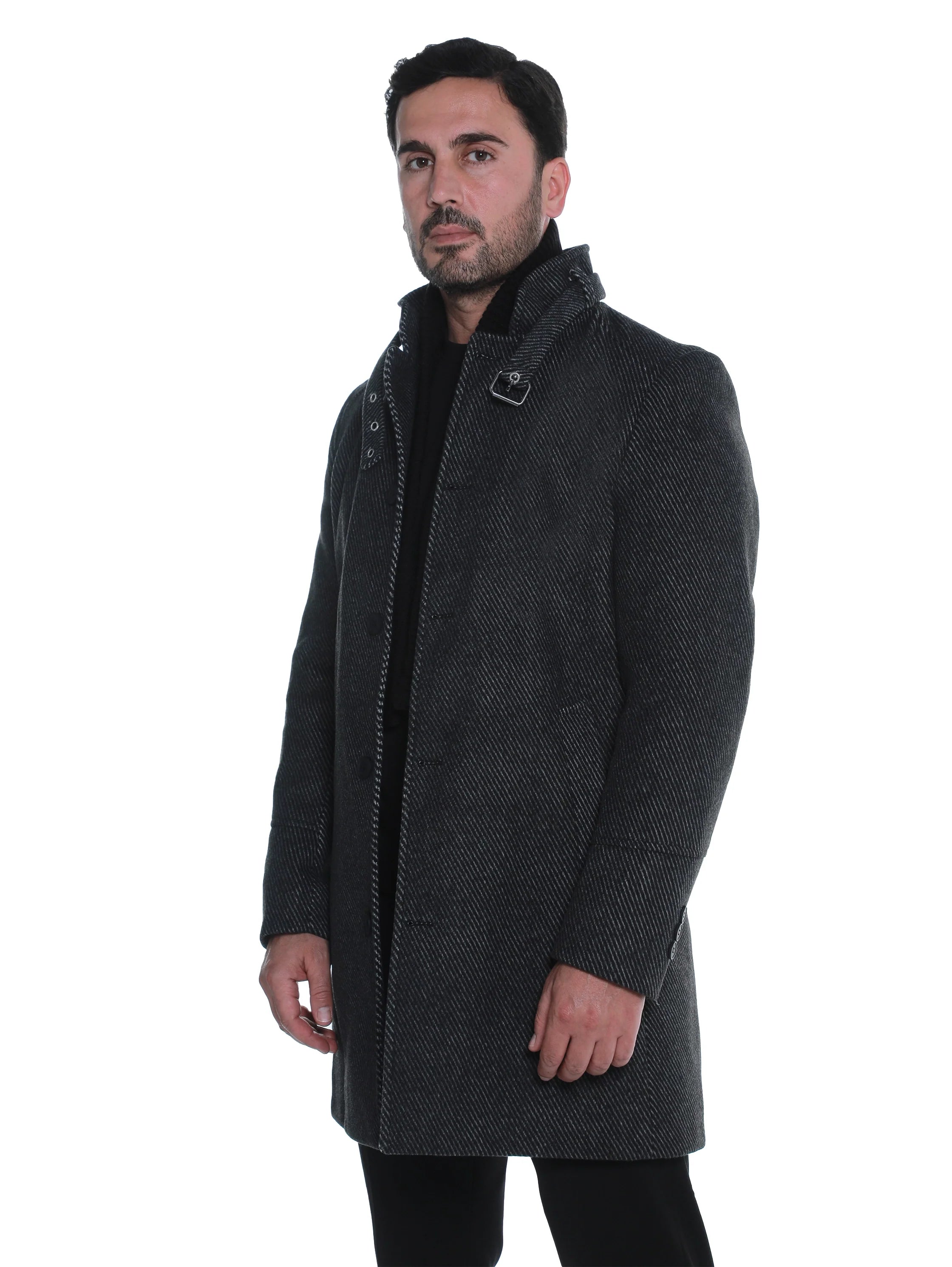 Black Buttoned Coat With Side Slanted Pockets