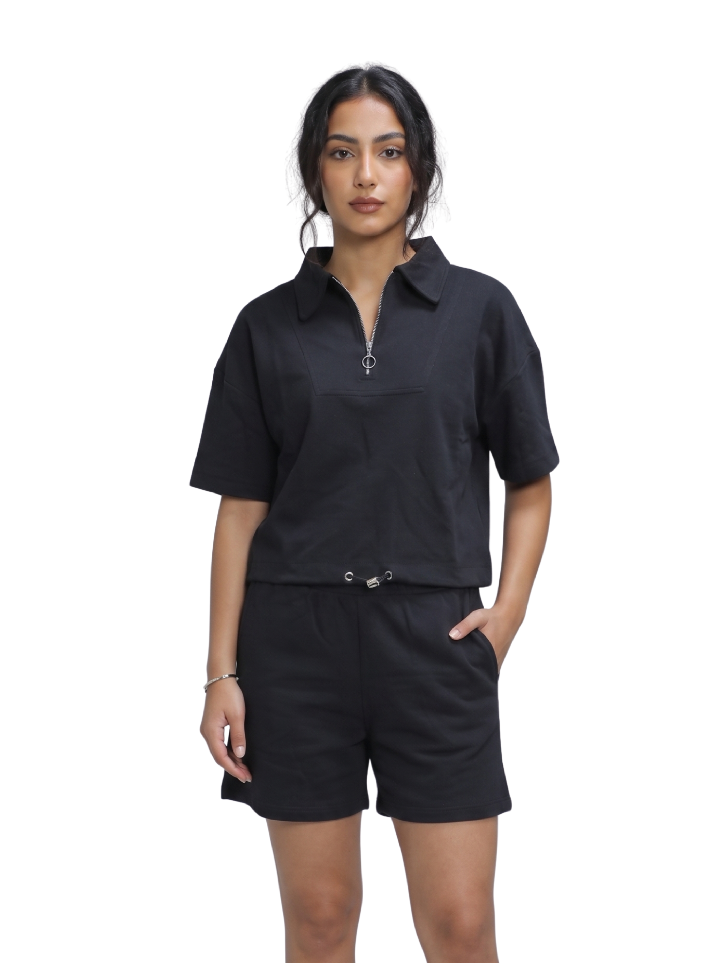 Black Two-Piece Short Set With Quarter Zip Polo