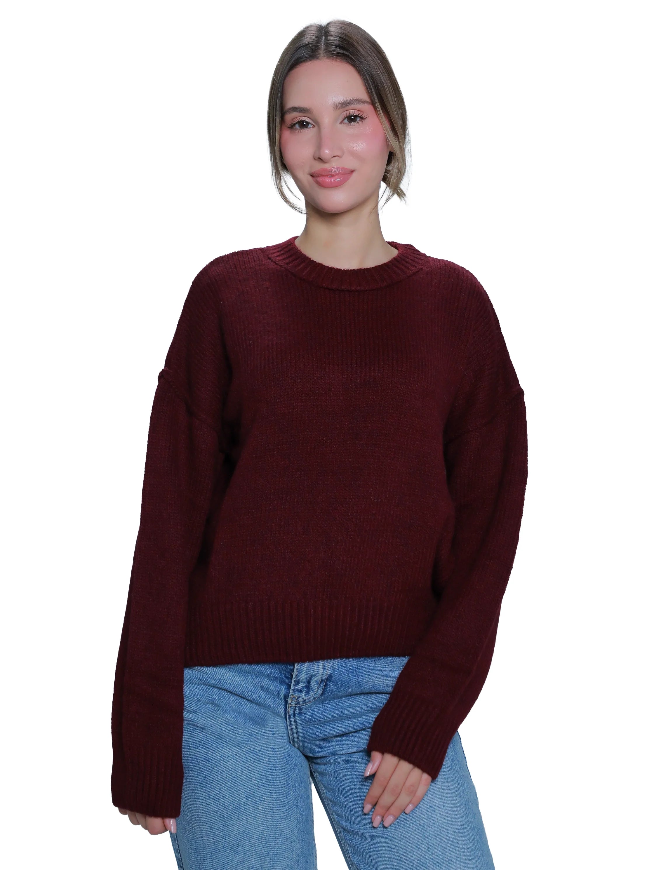 Round Neck Bordo Long Sleeved Sweater