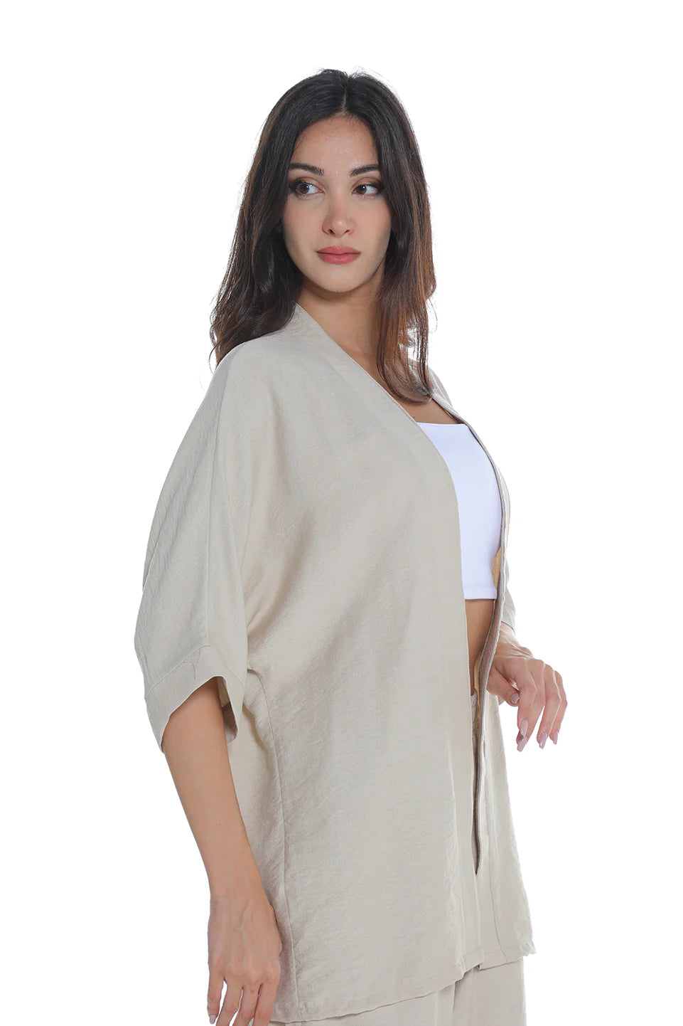 Beige Drop Shoulder Linen Cardigan