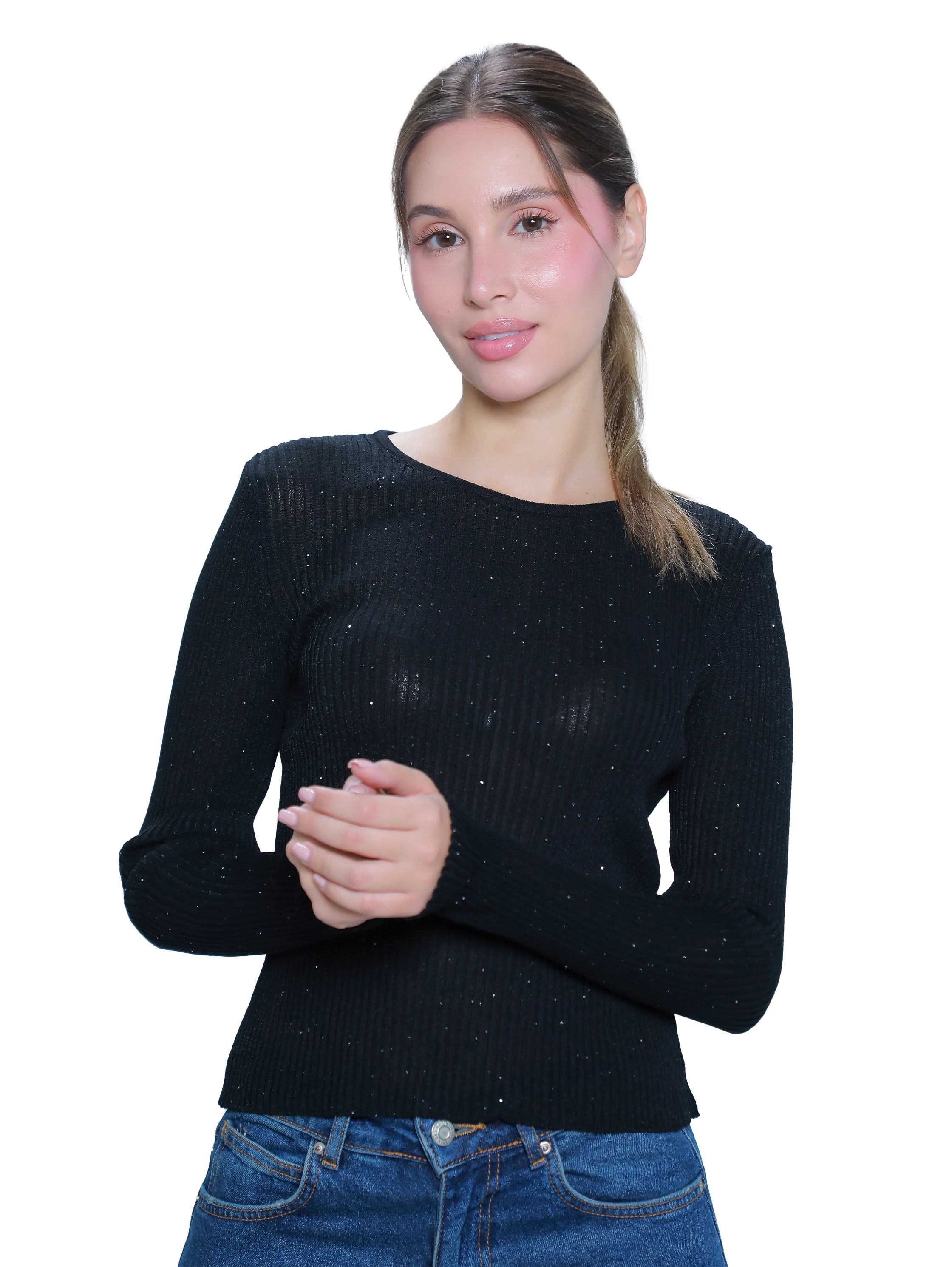 Tight Black Shinny Round Neck Pullover
