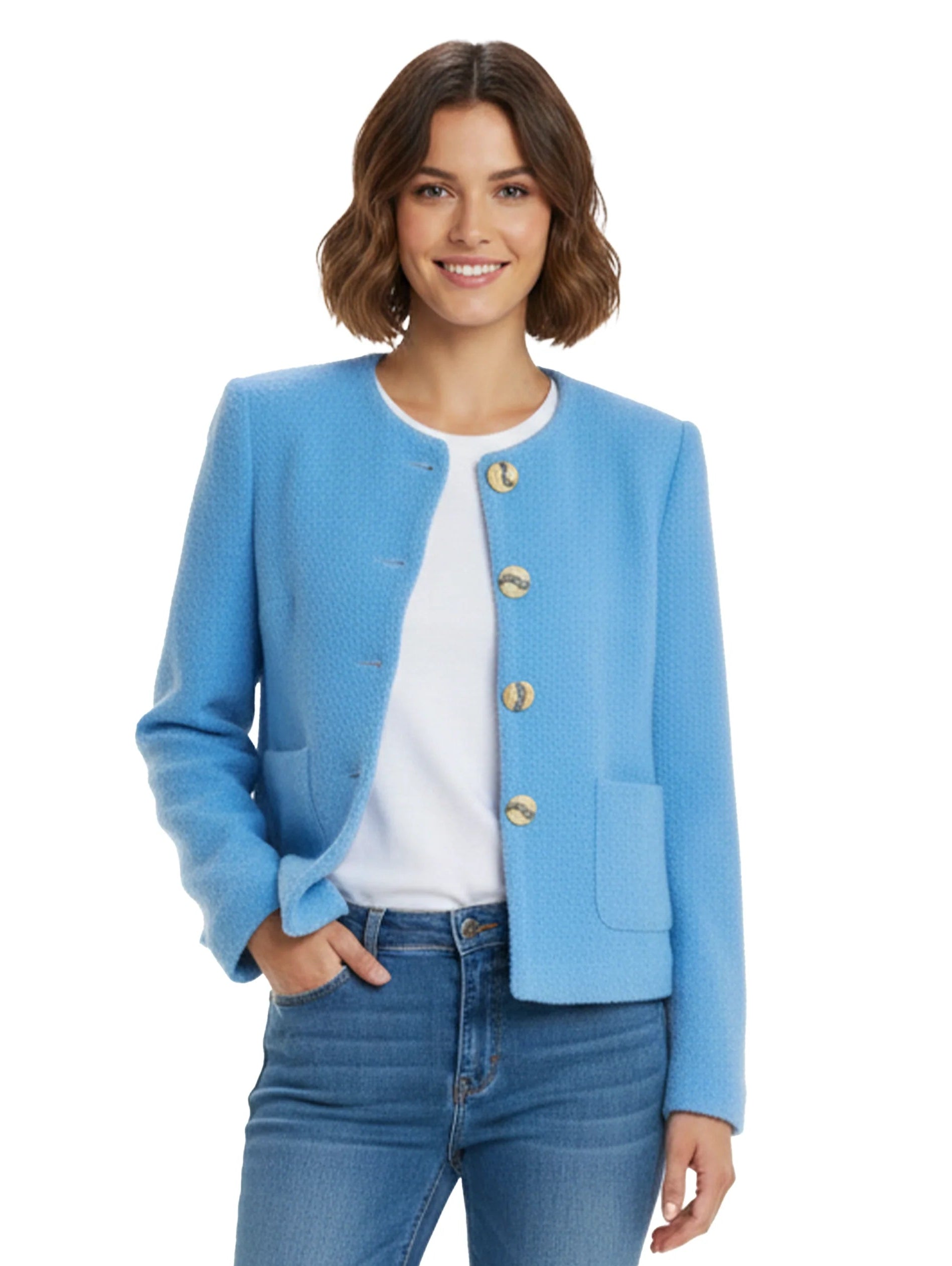 Round Neck Gold Buttoned Blue Blazer