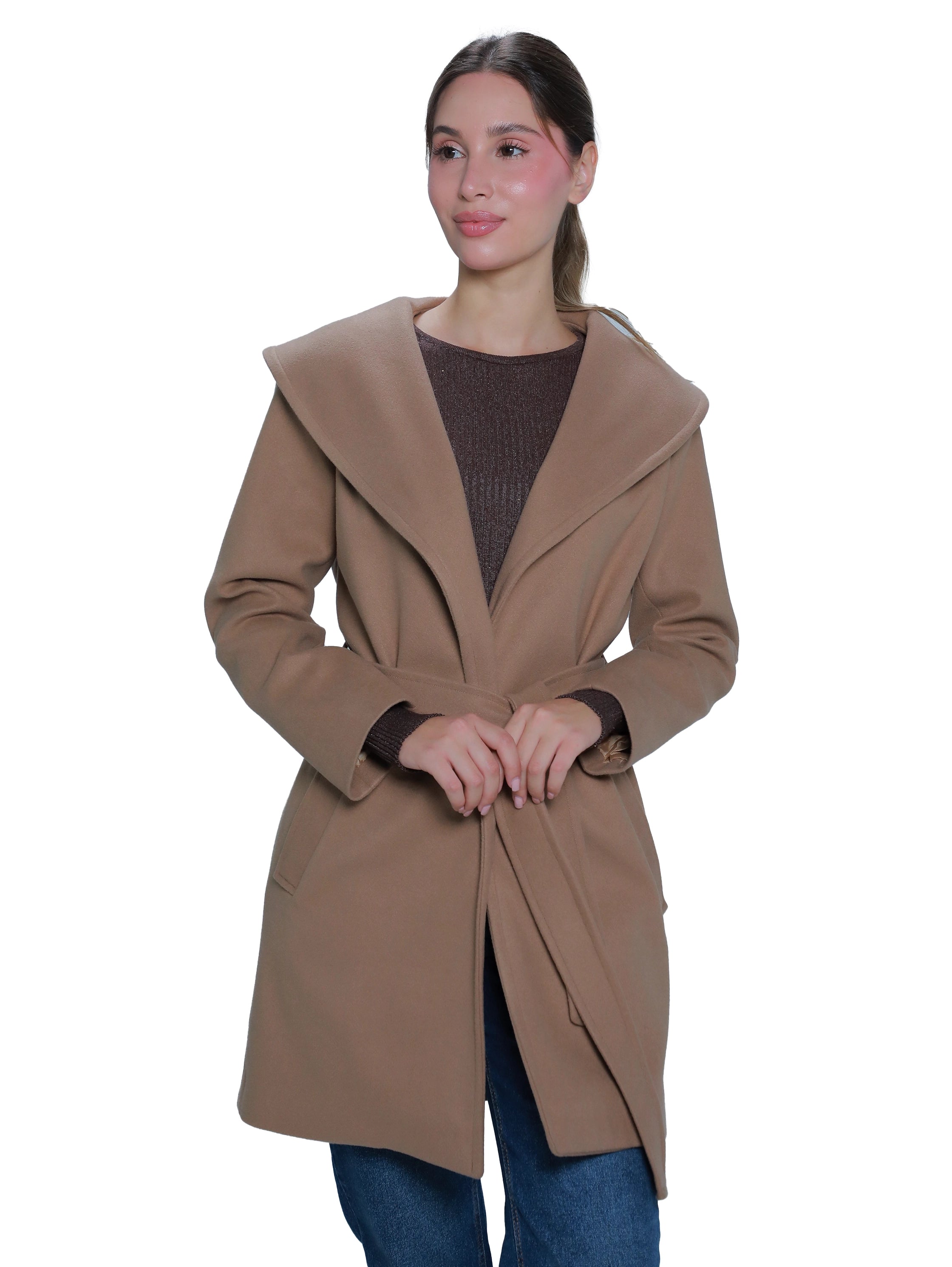 Camel Warm Belted Coat With Open Collar
