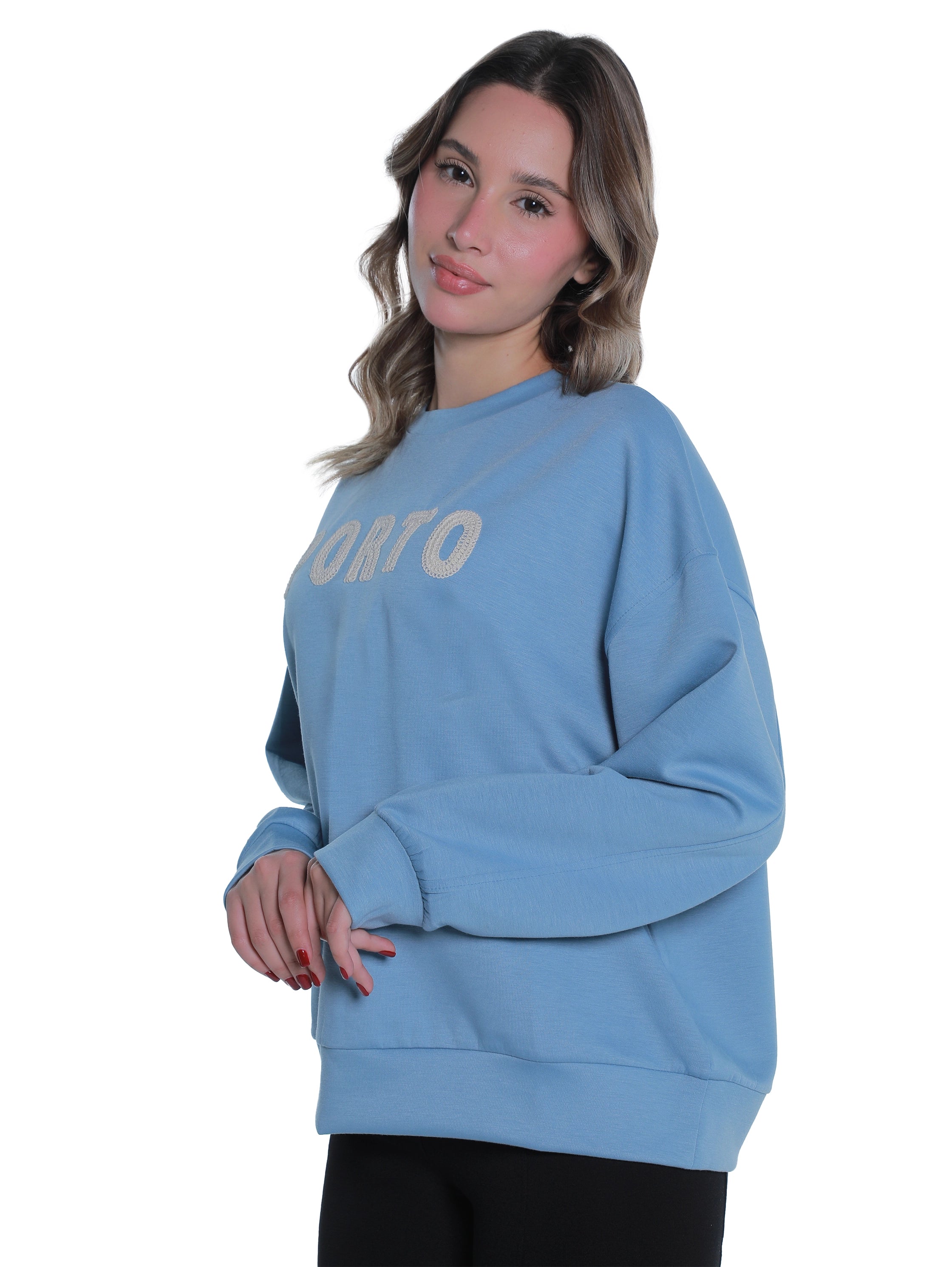 Round Neck Blue Sweater With "Porto" Front Design