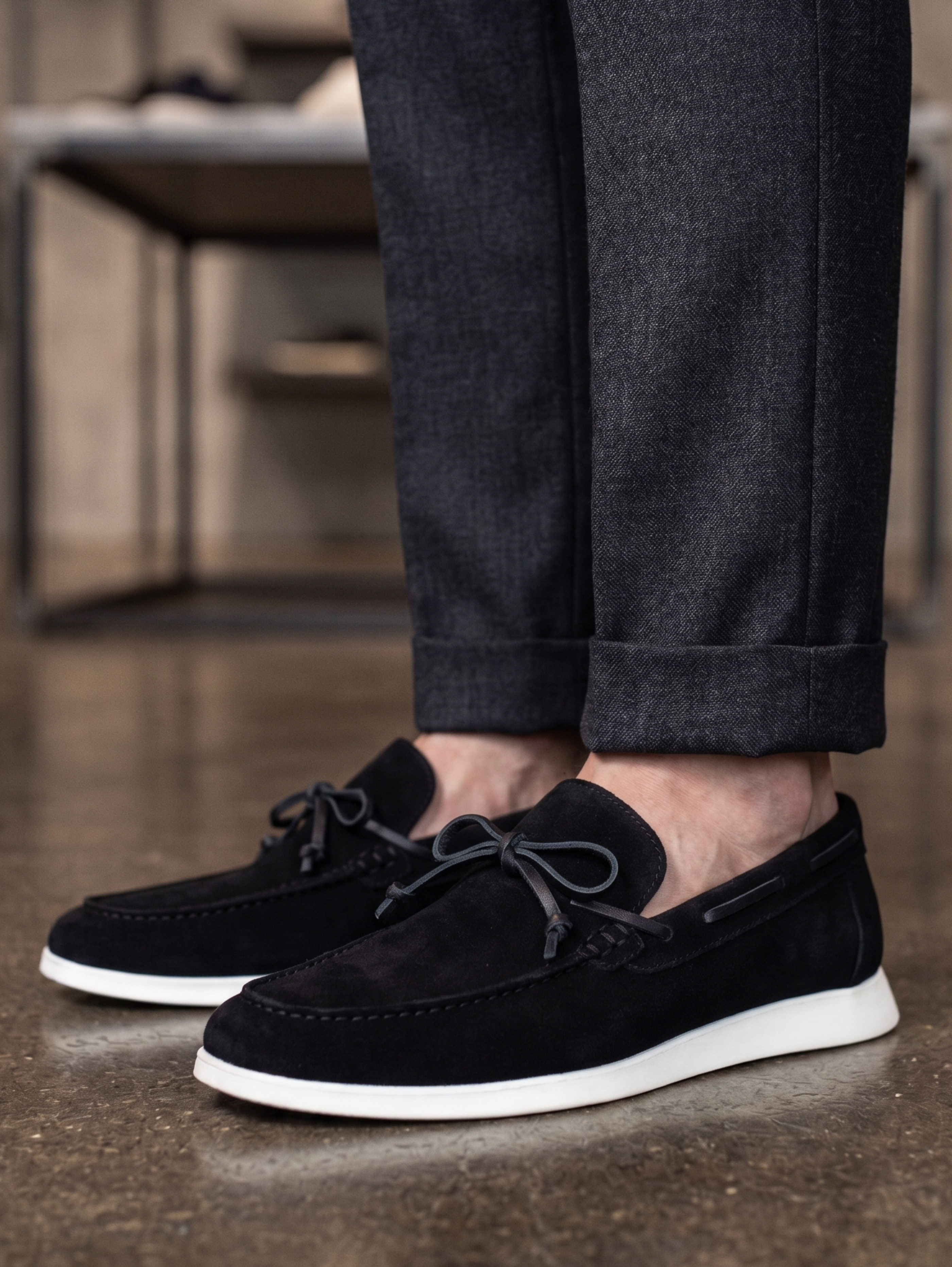 Black Slip-On Loafer Casual Shoes With White Soles