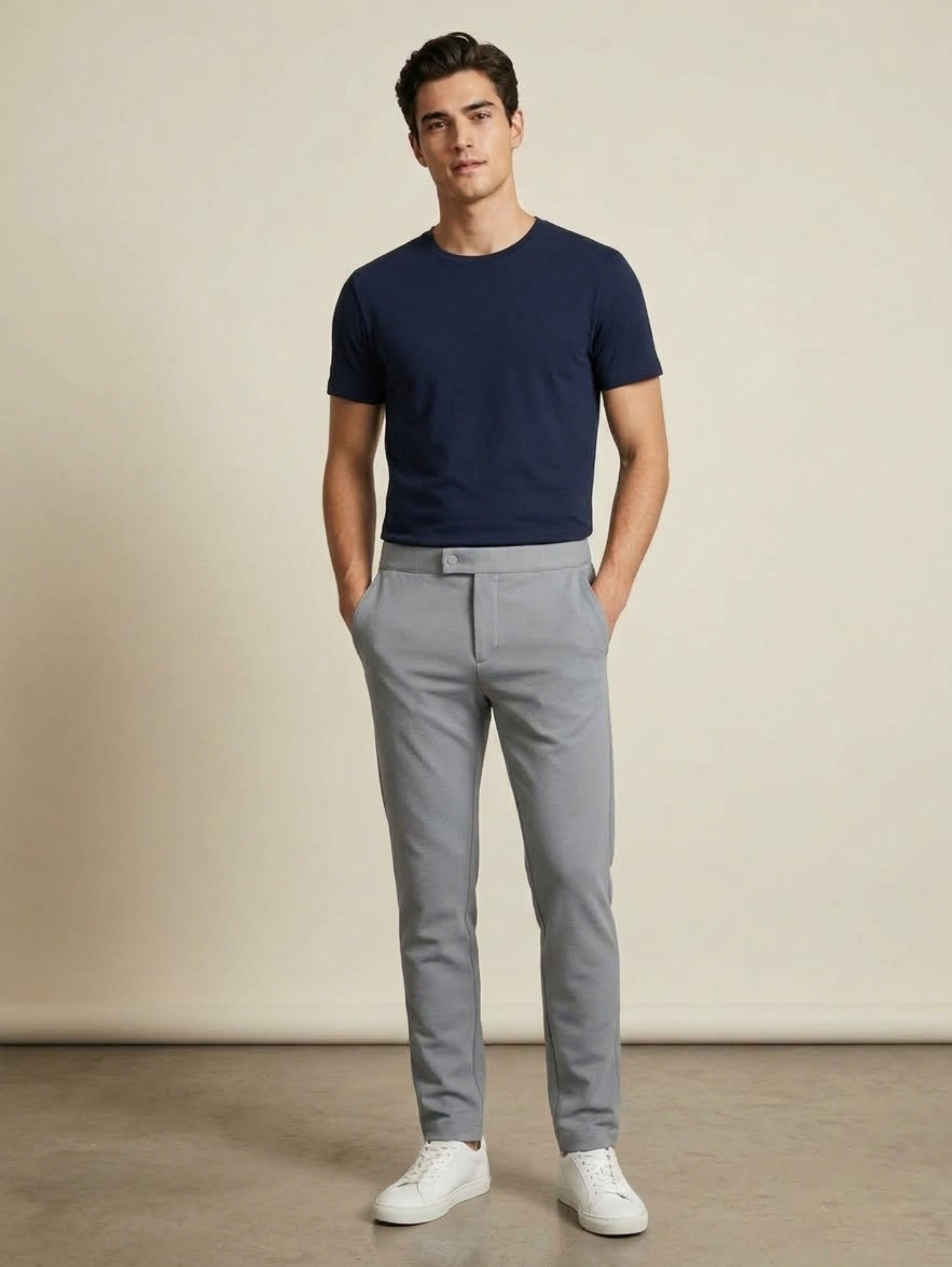 Grey Slim Straight Single Button Closure Pant With Back Elastic Waistband