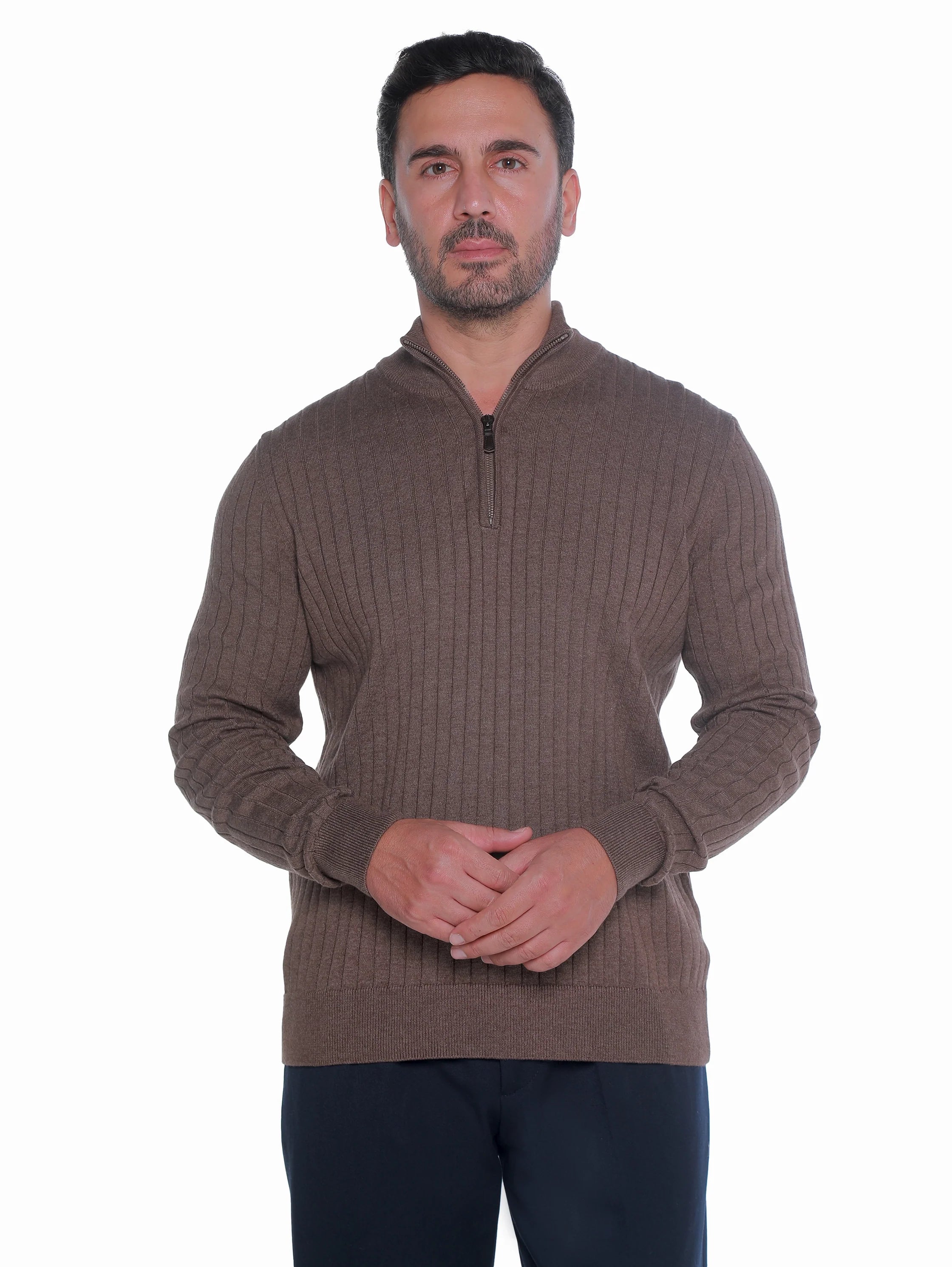 Brown Ribbed pullover With Half Zipper