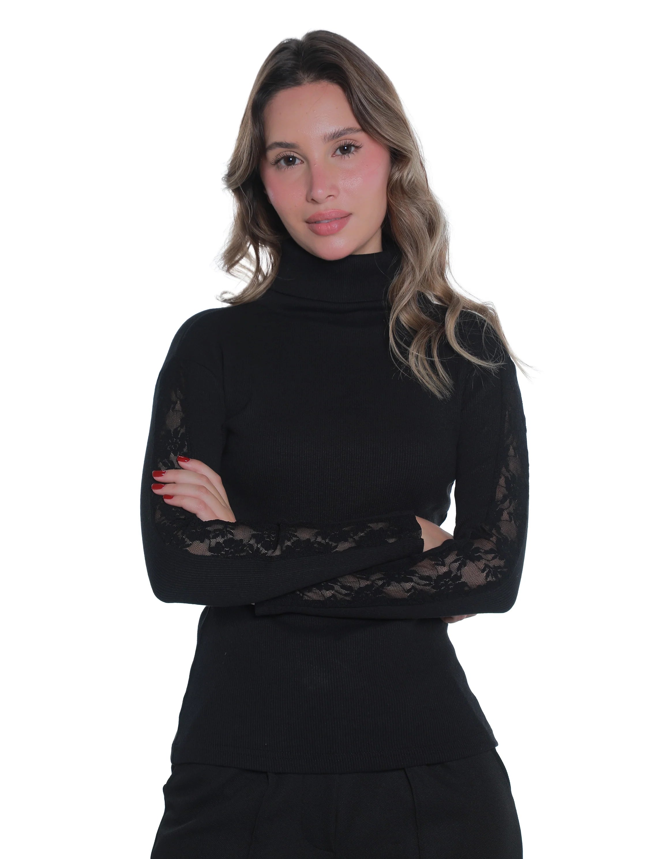 High Neck Black Ribbed Top With Sleeves Design