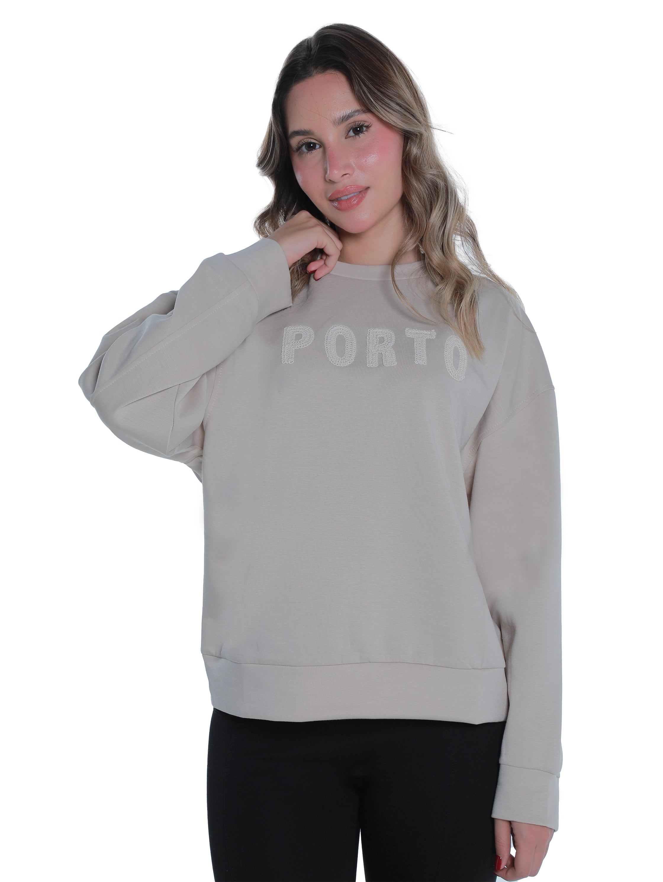 Round Neck Beige Sweater With "Porto" Front Design