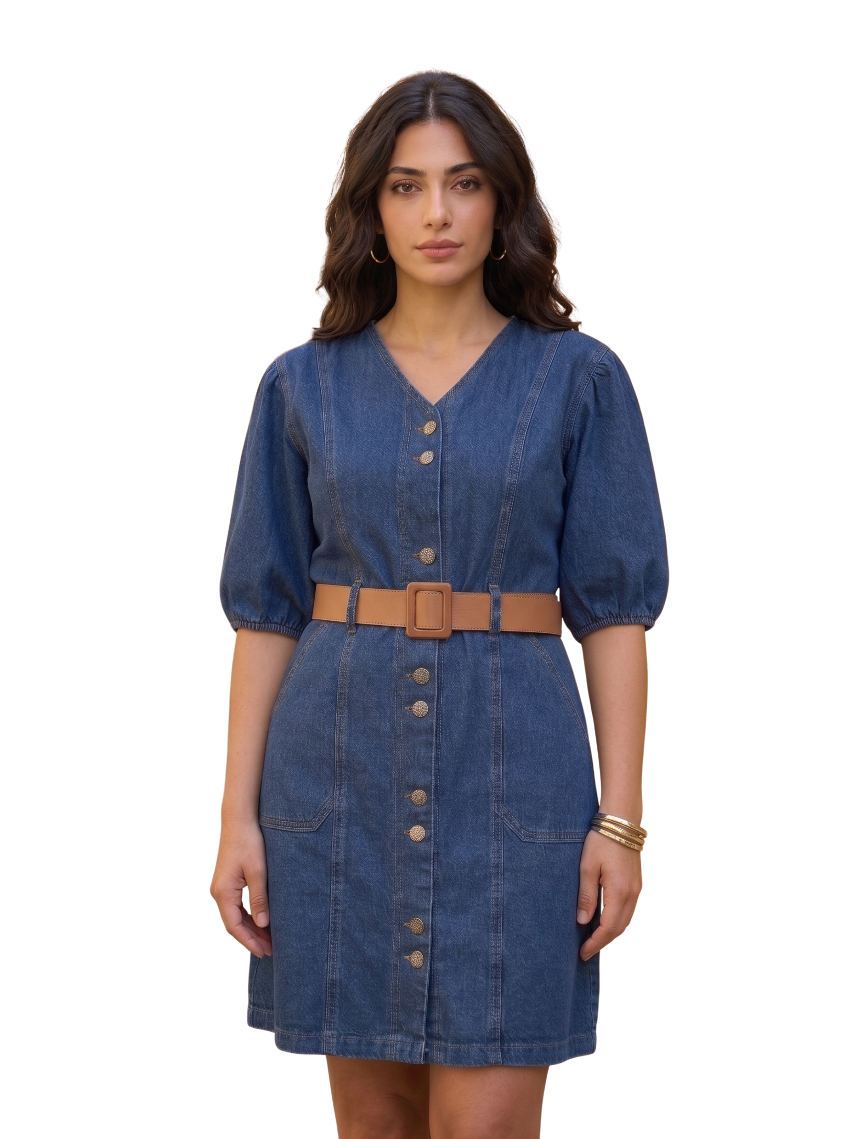 Blue Short Sleeved Dress With Front Patch Pockets & Wide Havan Waist Belt