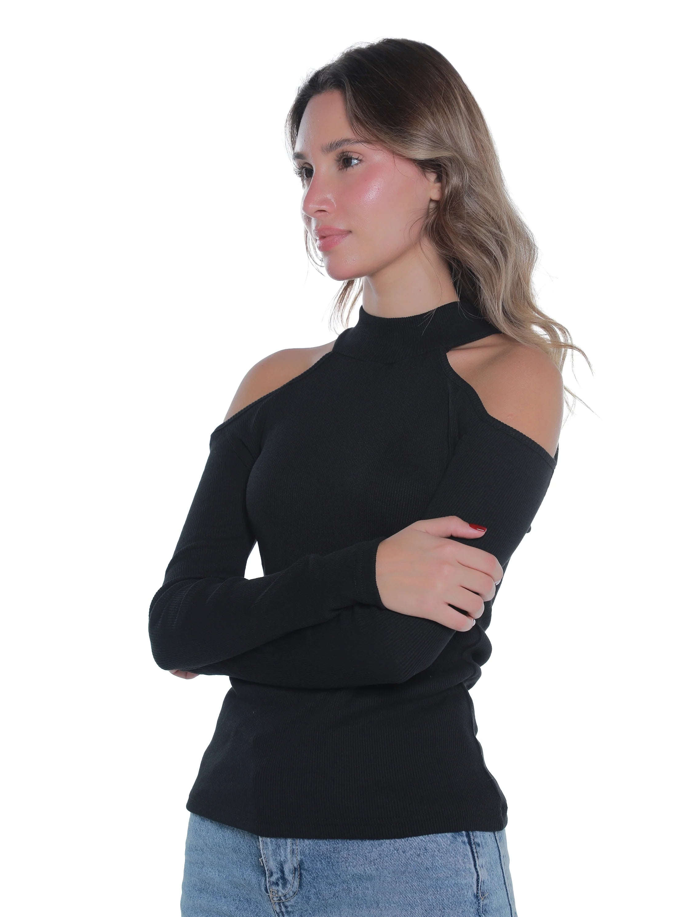Black Ribbed Top With Open Shoulder