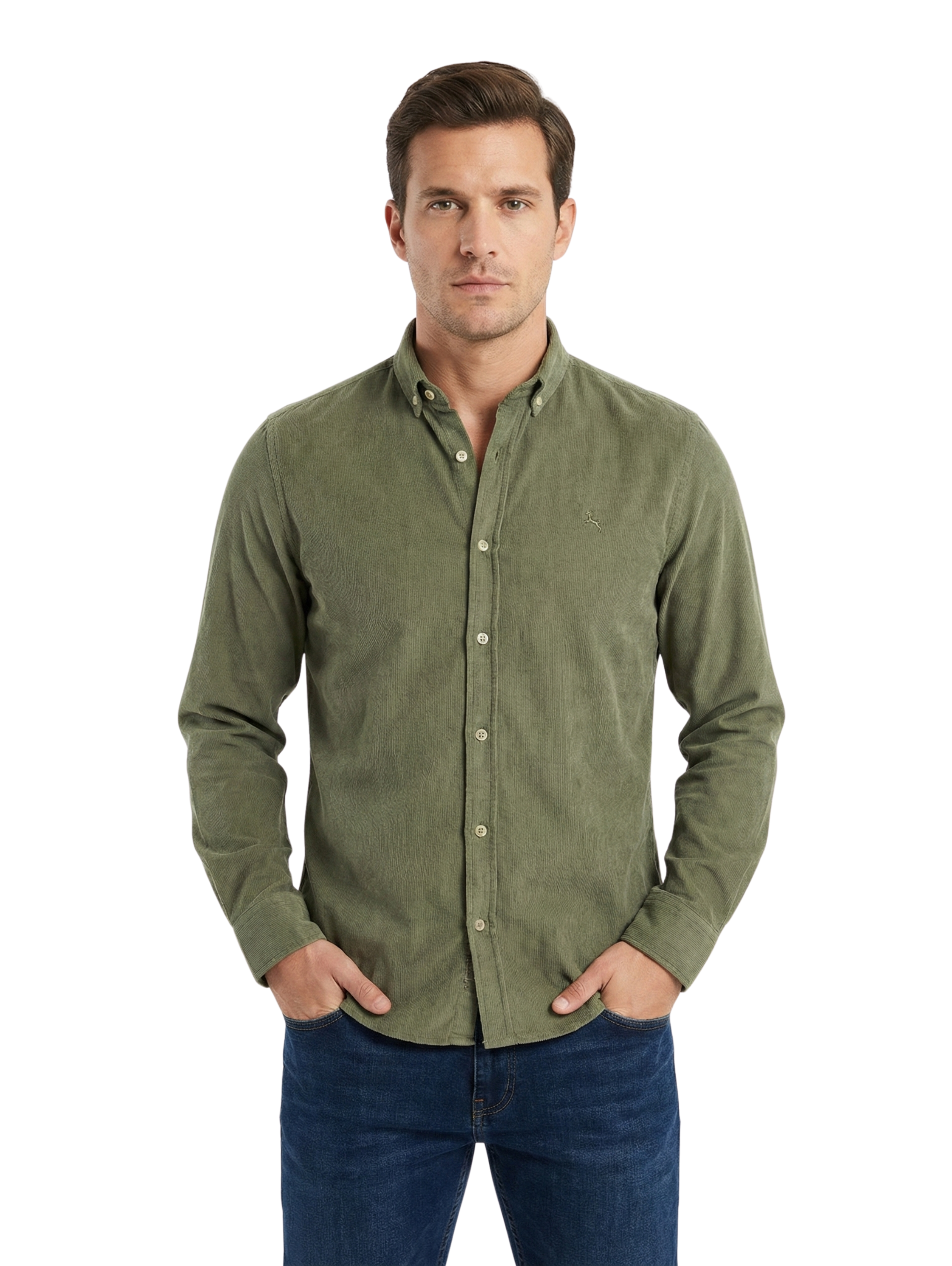 Olive Buttoned Ribbed Velvet Shirt