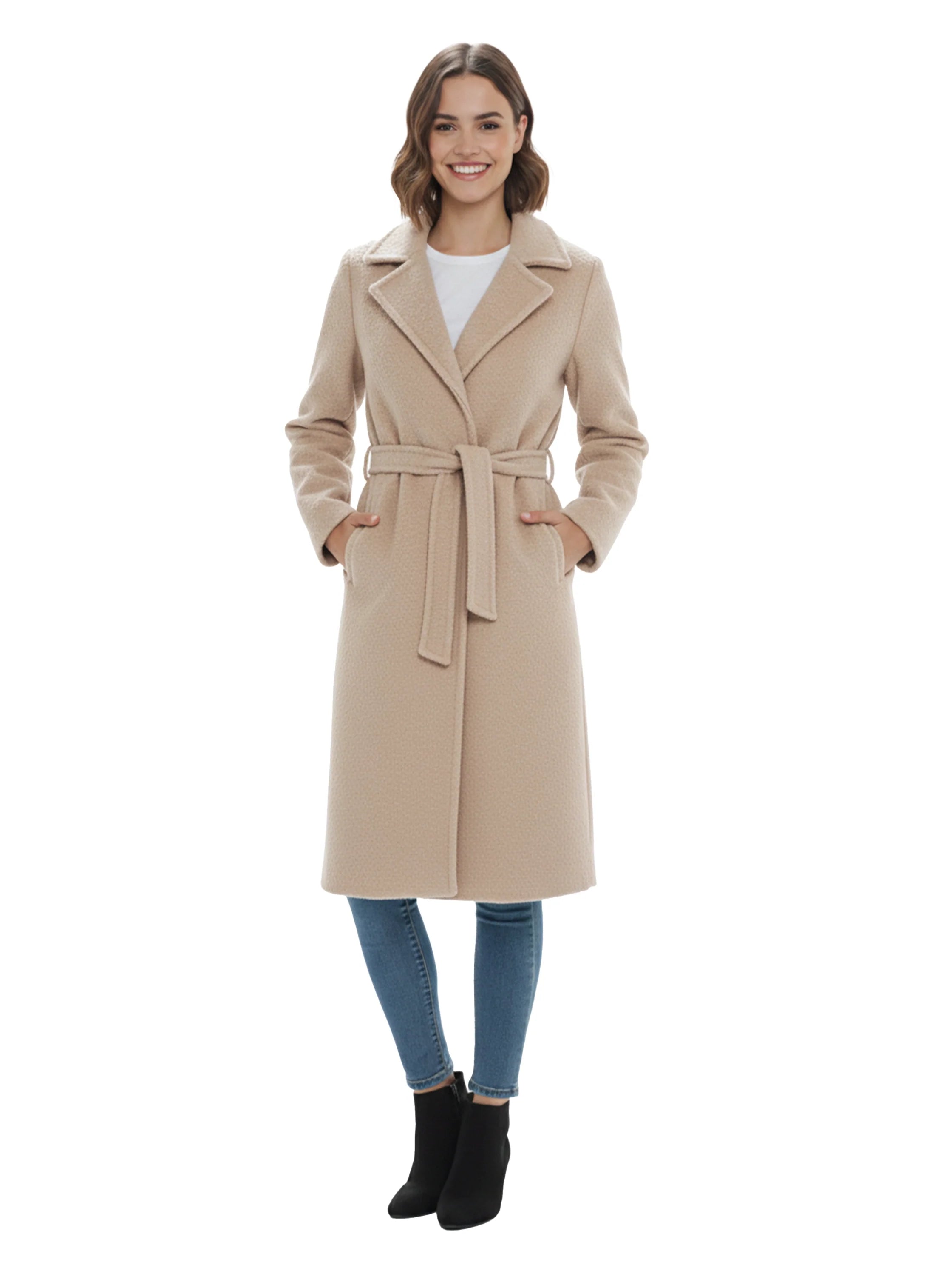Beige Waisted Tie Long Coat