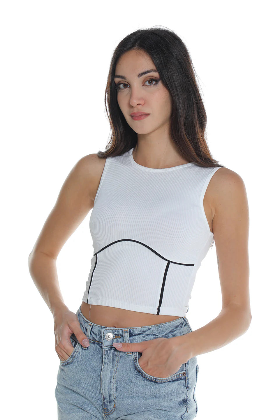 White Crew Neck Top With Black Piping