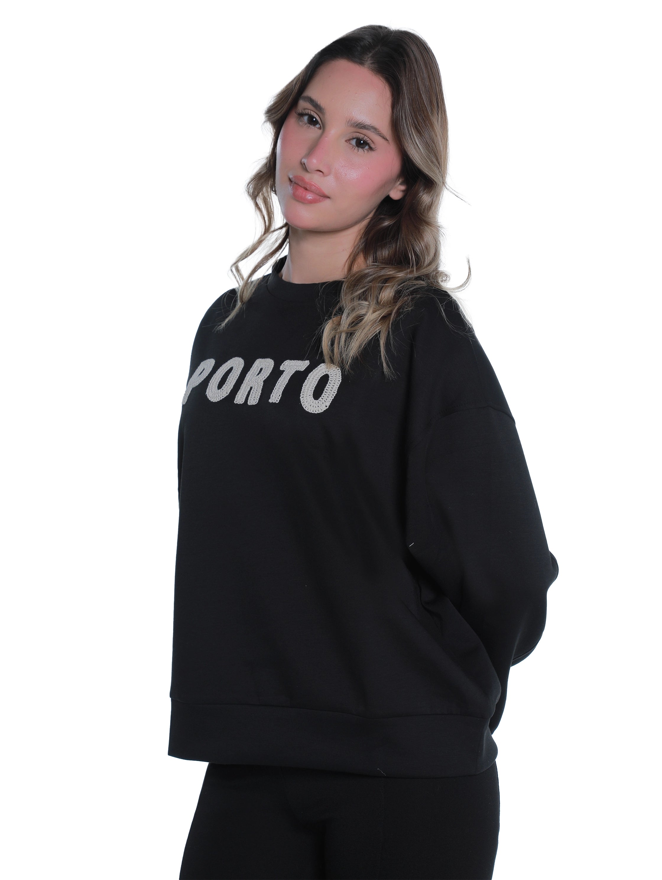 Round Neck Black Sweater With "Porto" Front Design