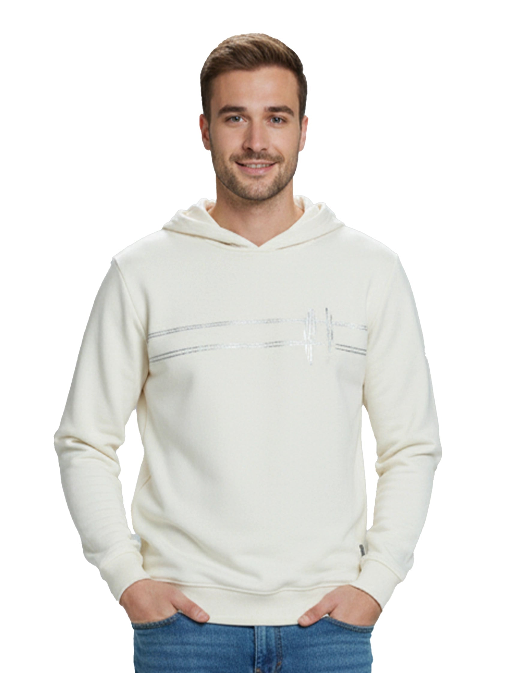 Cotton Offwhite Hoodie With Front Stripe Design