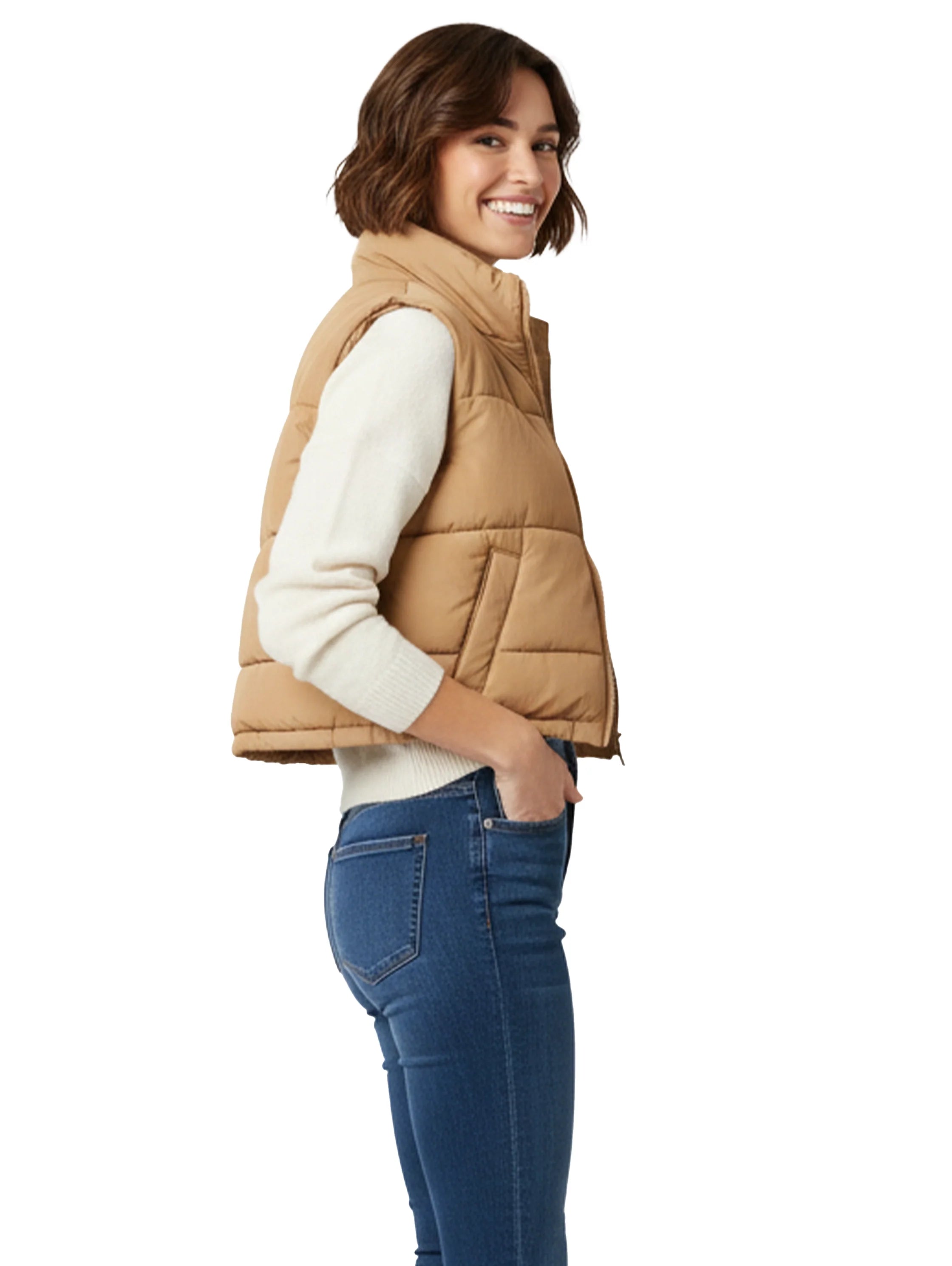 Crop Padded Beige Puffer Vest