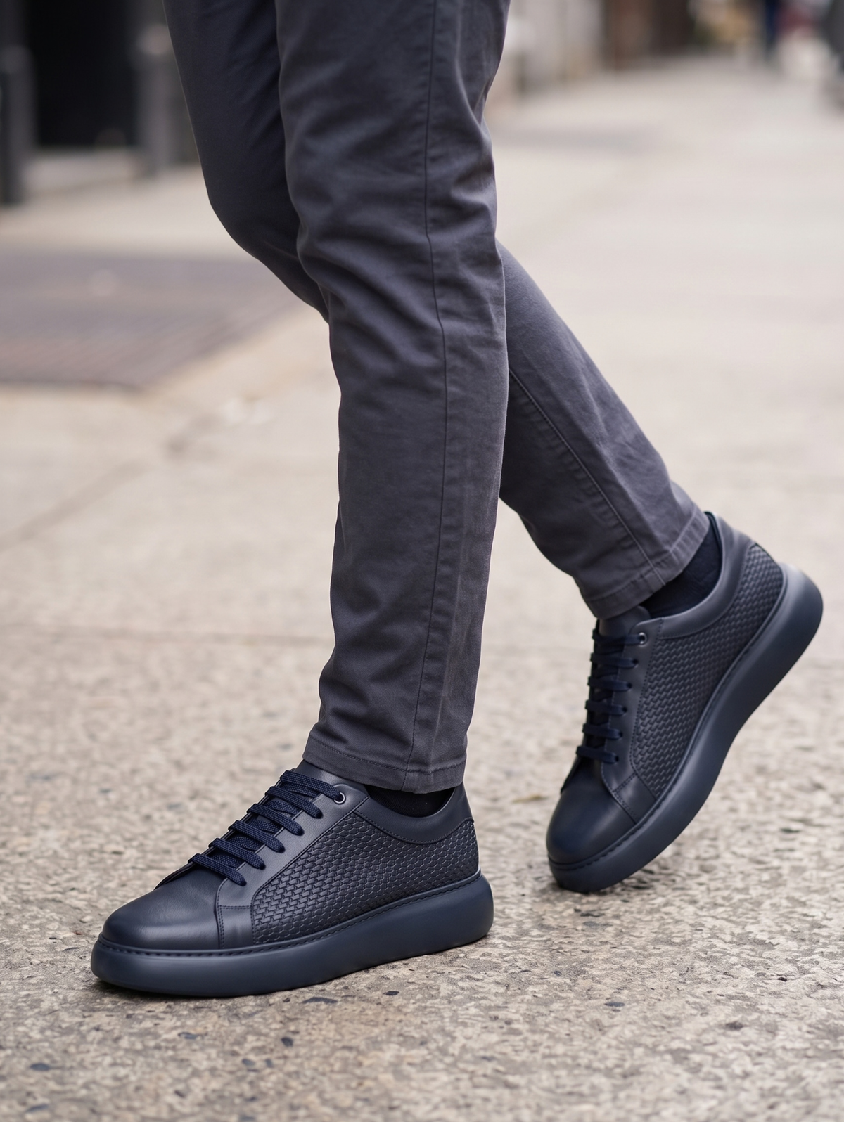 Shoes Navy Low-Top Leather Sneakers With Textured Side Panels