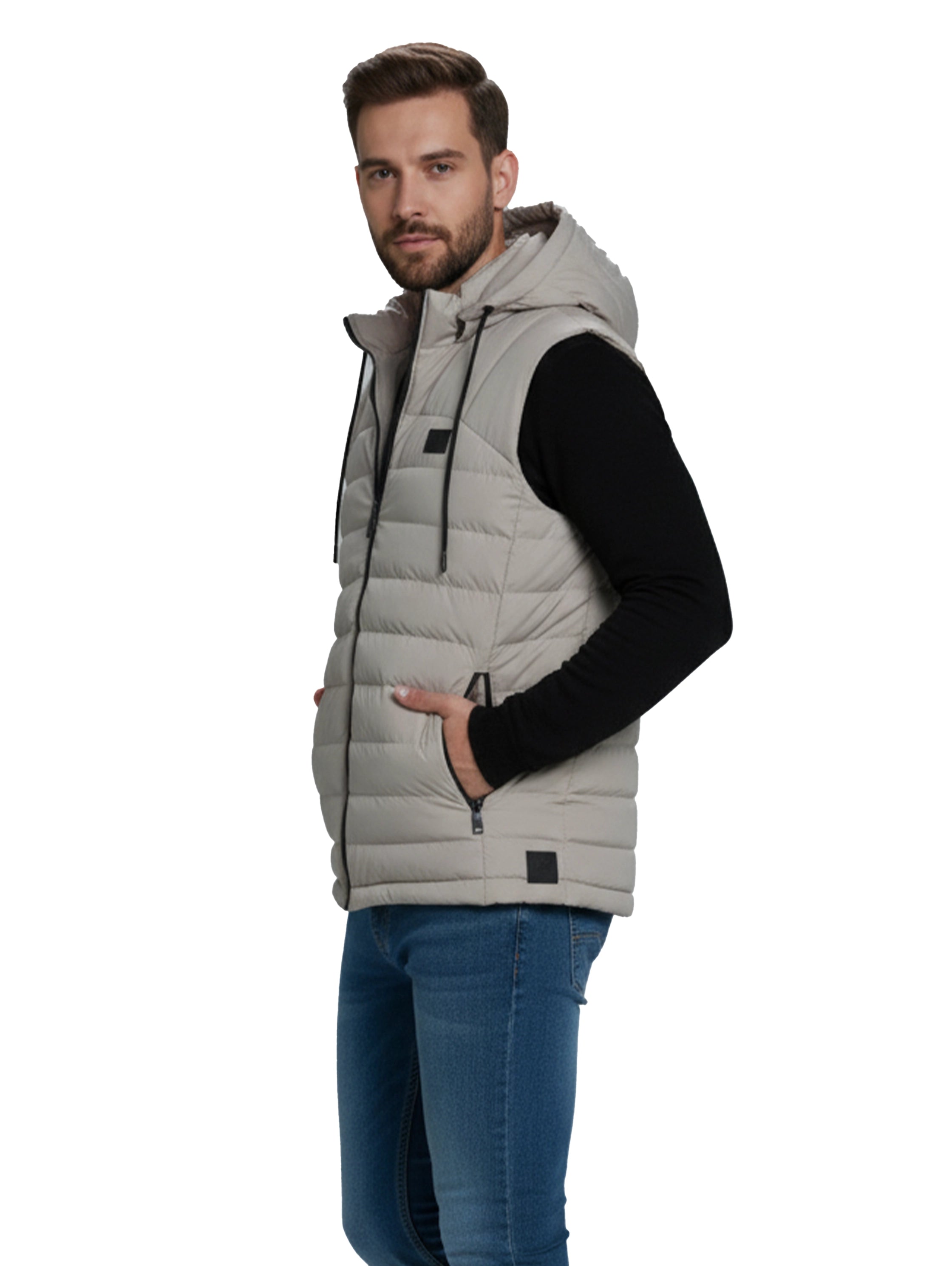 Beige Zippered Padded Vest With Hoodie