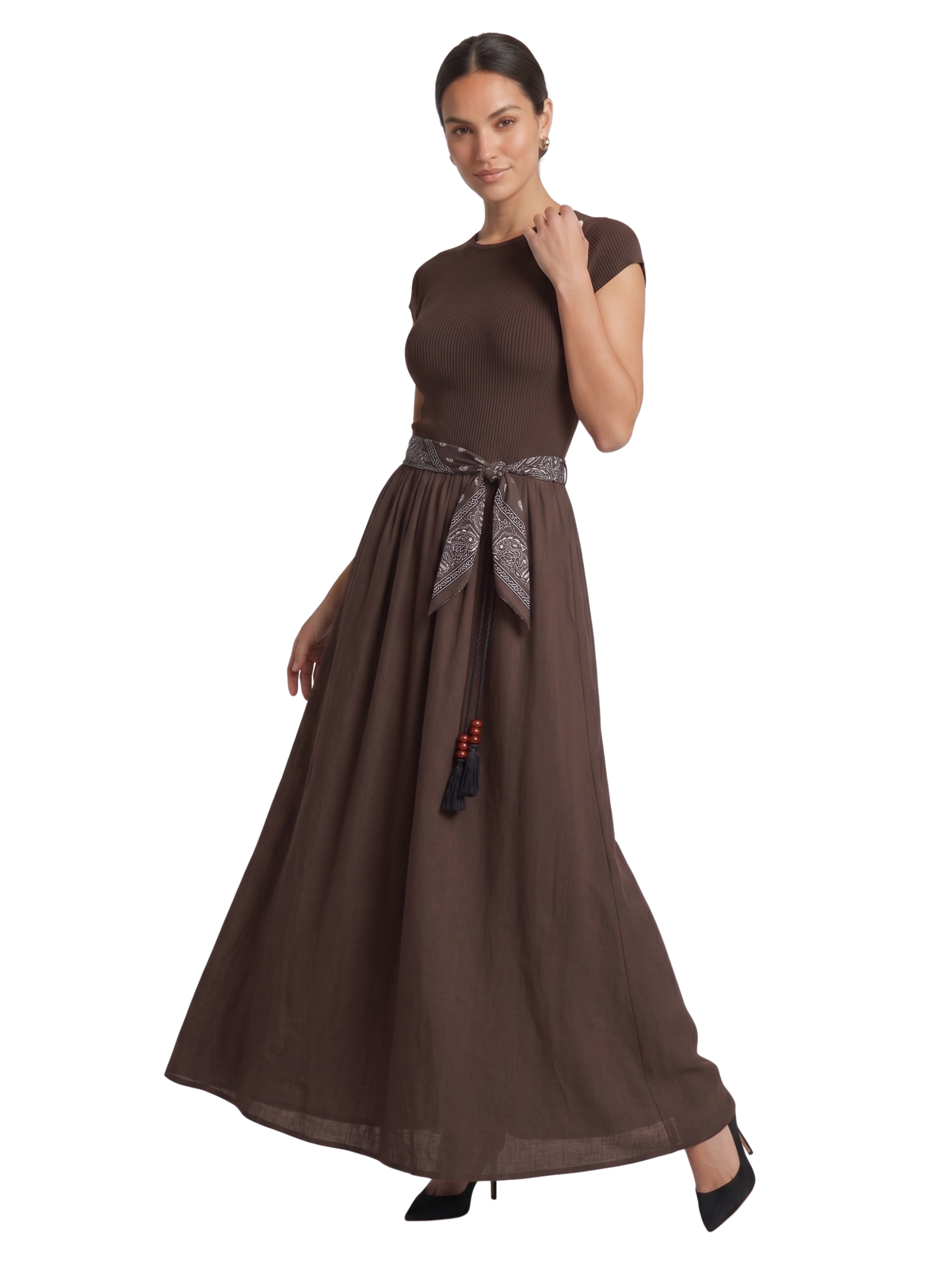 Brown Short Sleeved Crewneck Dress With Scarf Belt