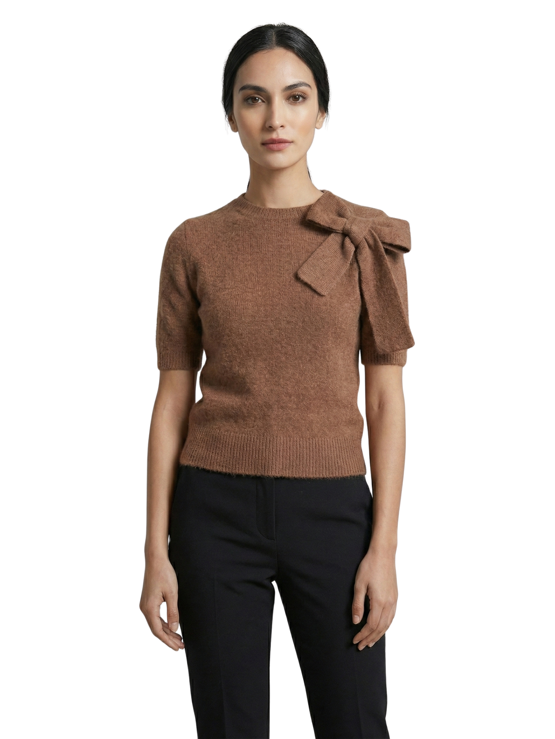 Short Sleeved Beige Sweater With Ribbon Design