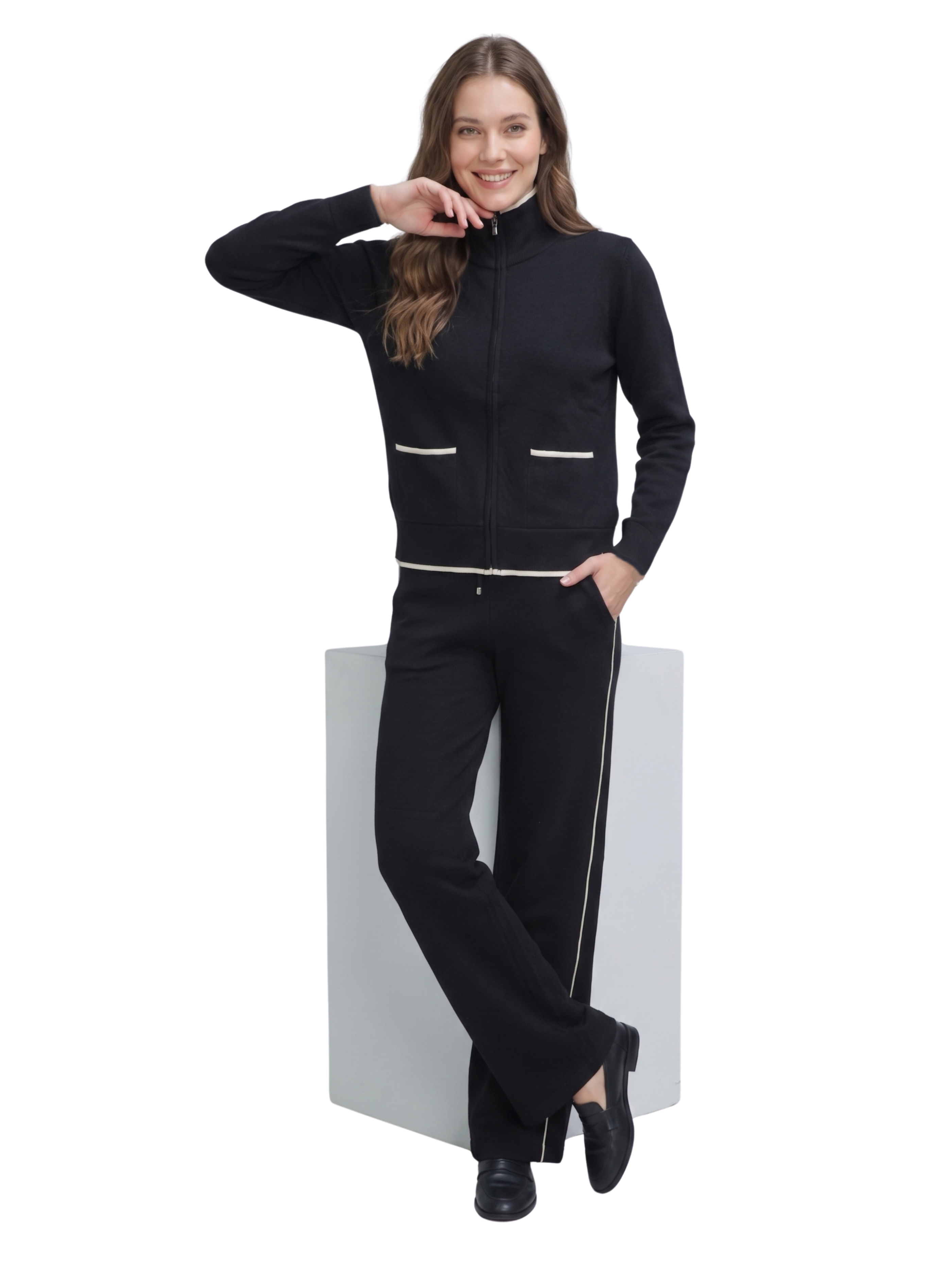 Two Piece Set Black Zip-Up Jacket With White Trimmed Wide Leg Pants