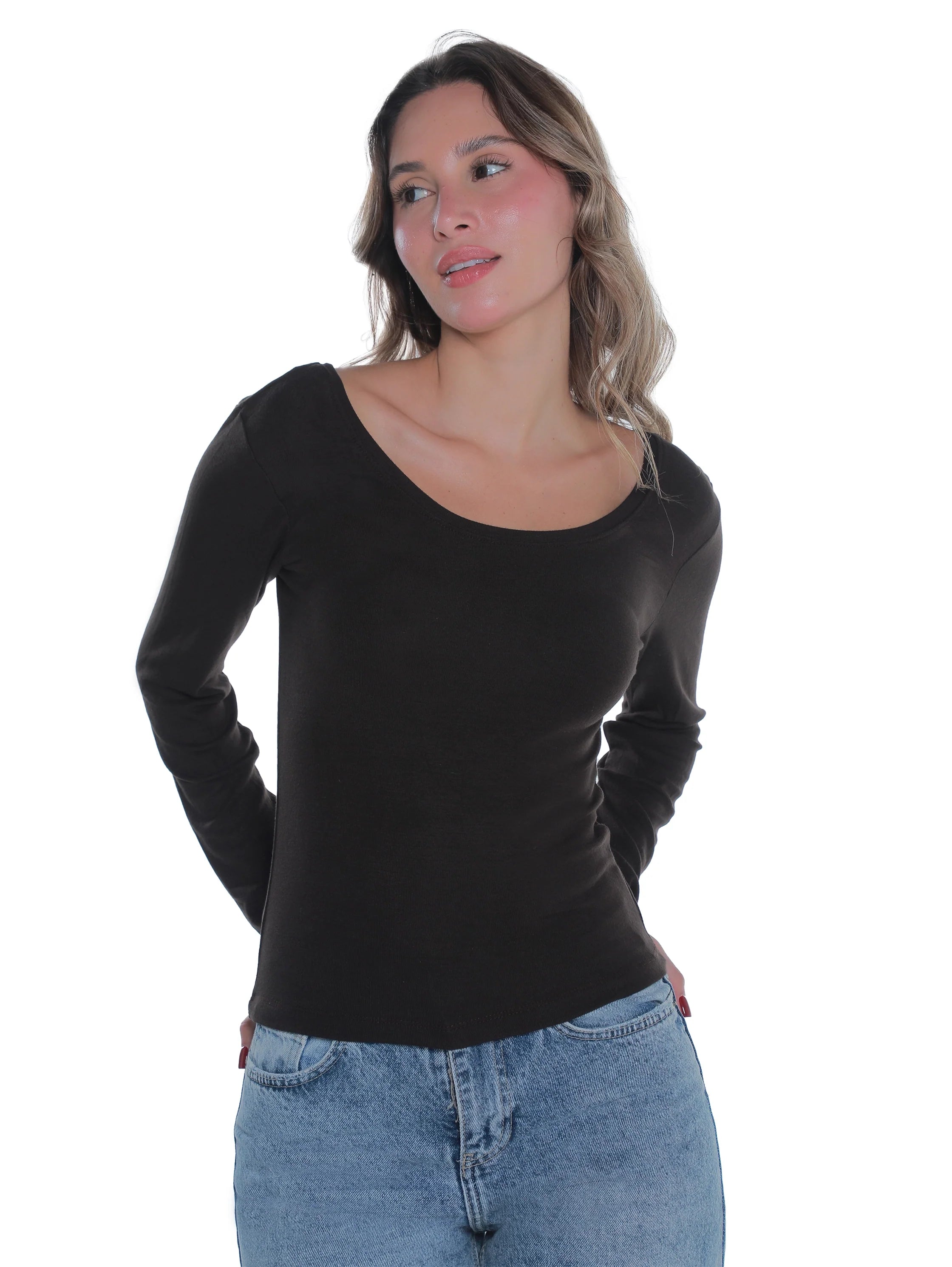 Brown Top With Open Boat Neck